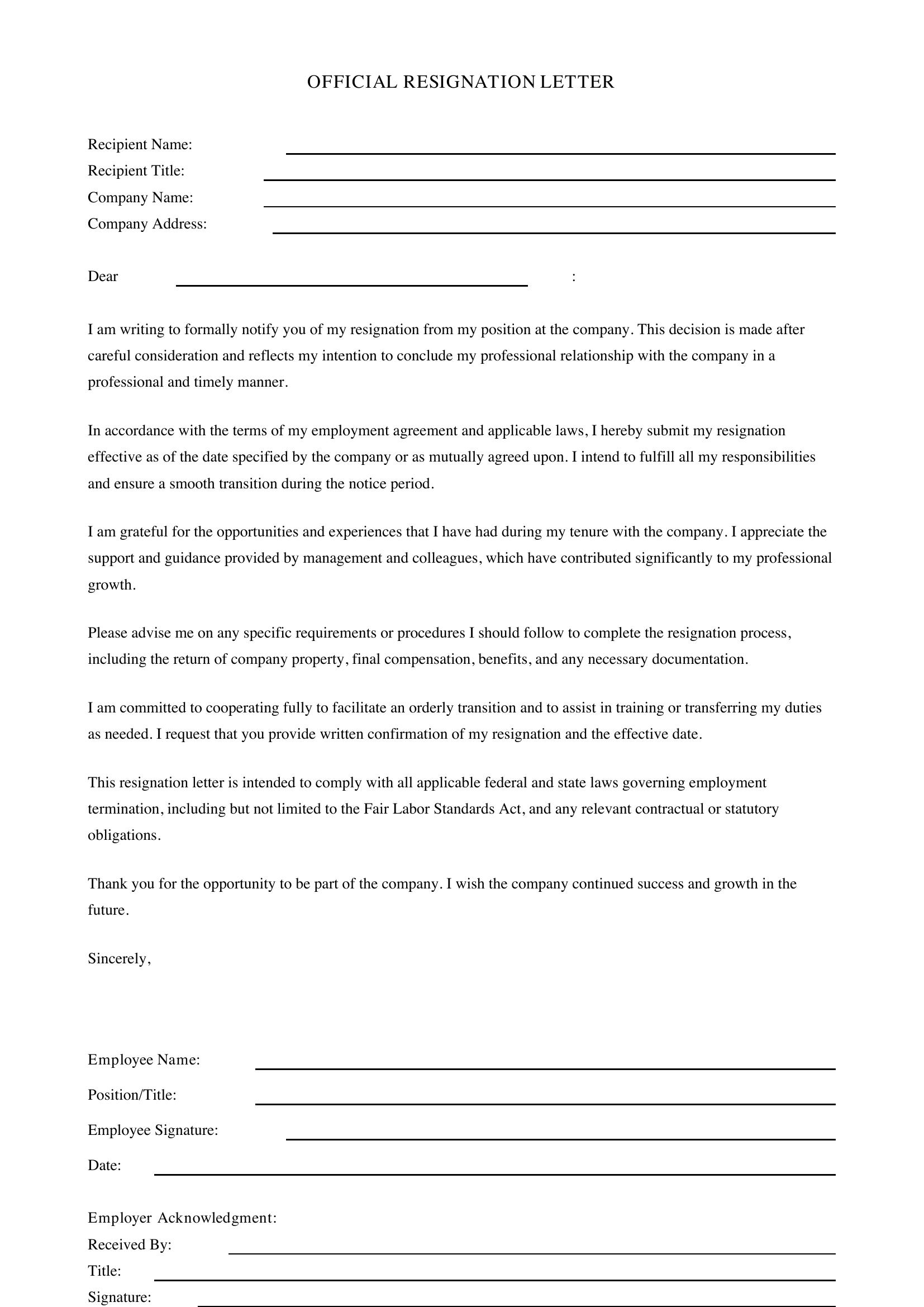 Official Resignation Letter Template - US