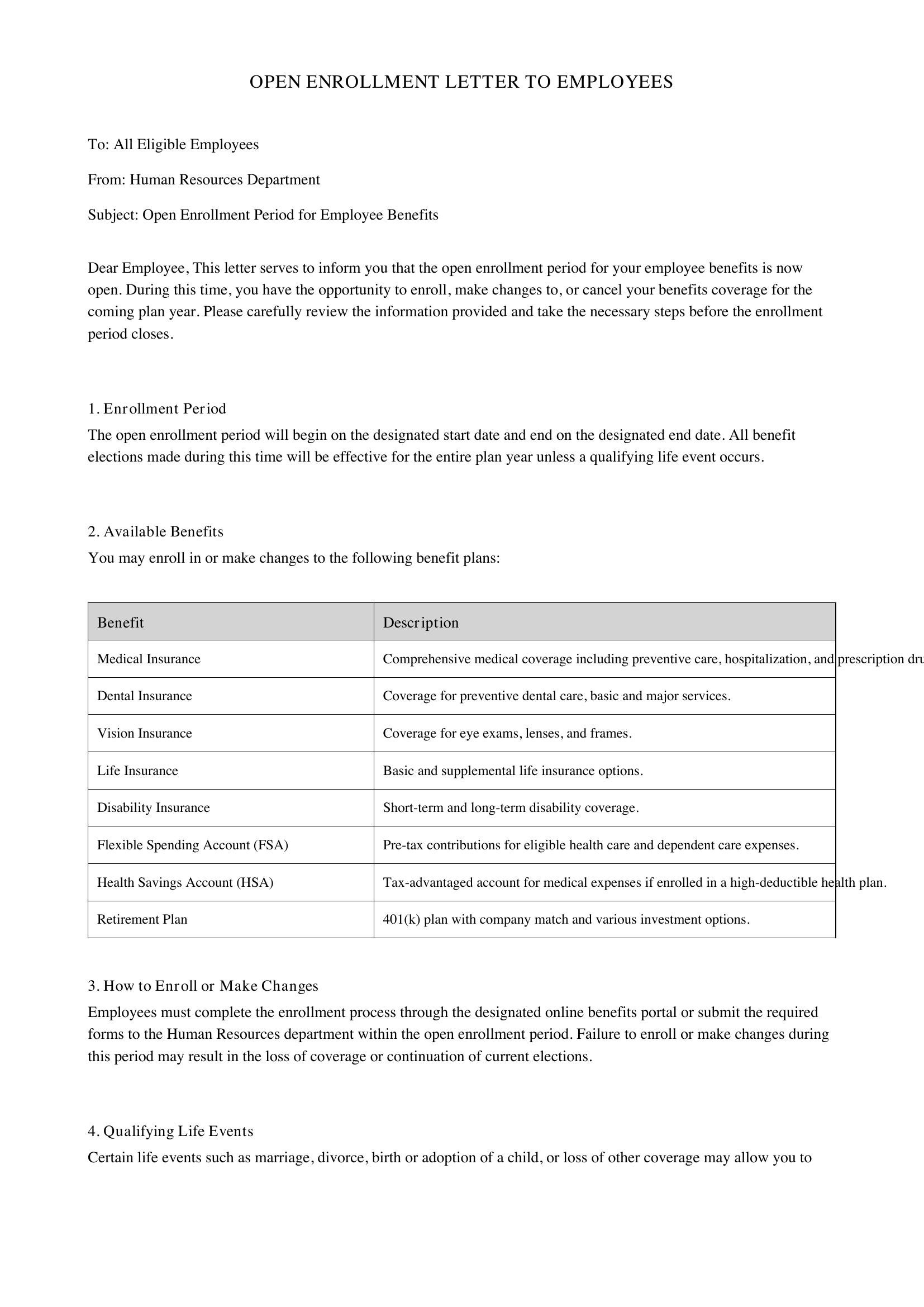 Open Enrollment Letter To Employees Template - US