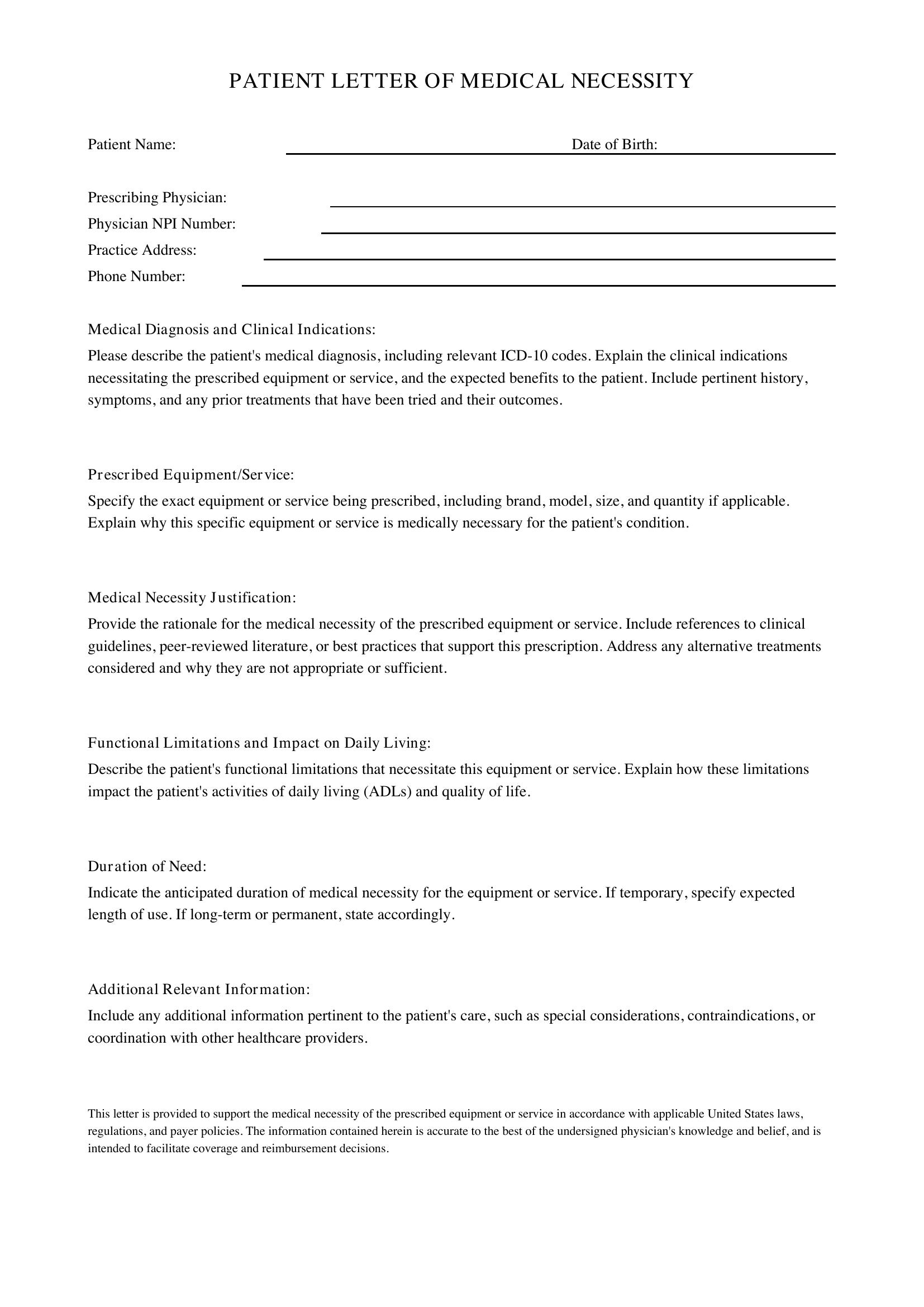 Patient Letter Of Medical Necessity Template - US