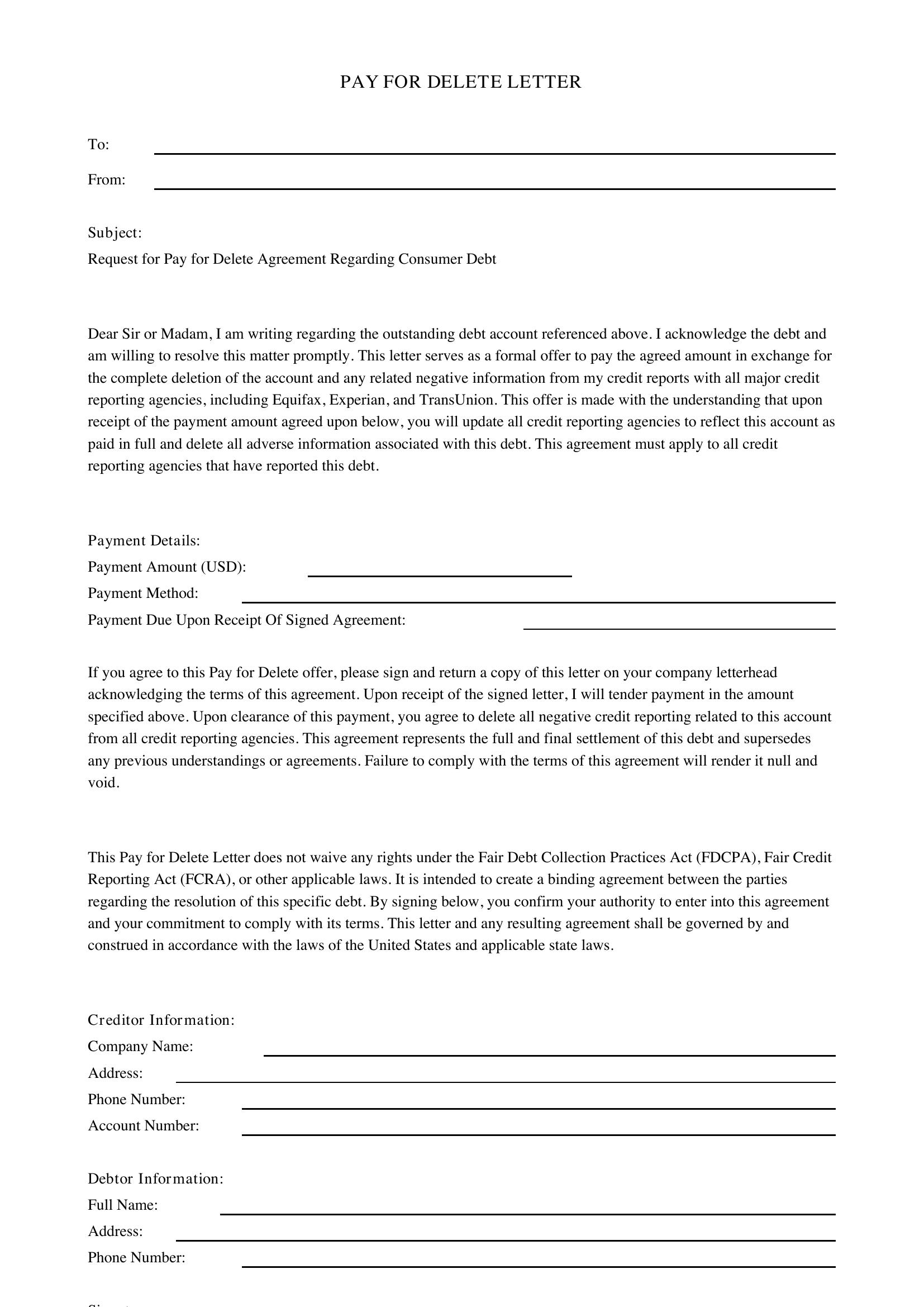 Pay For Delete Letter Template - US