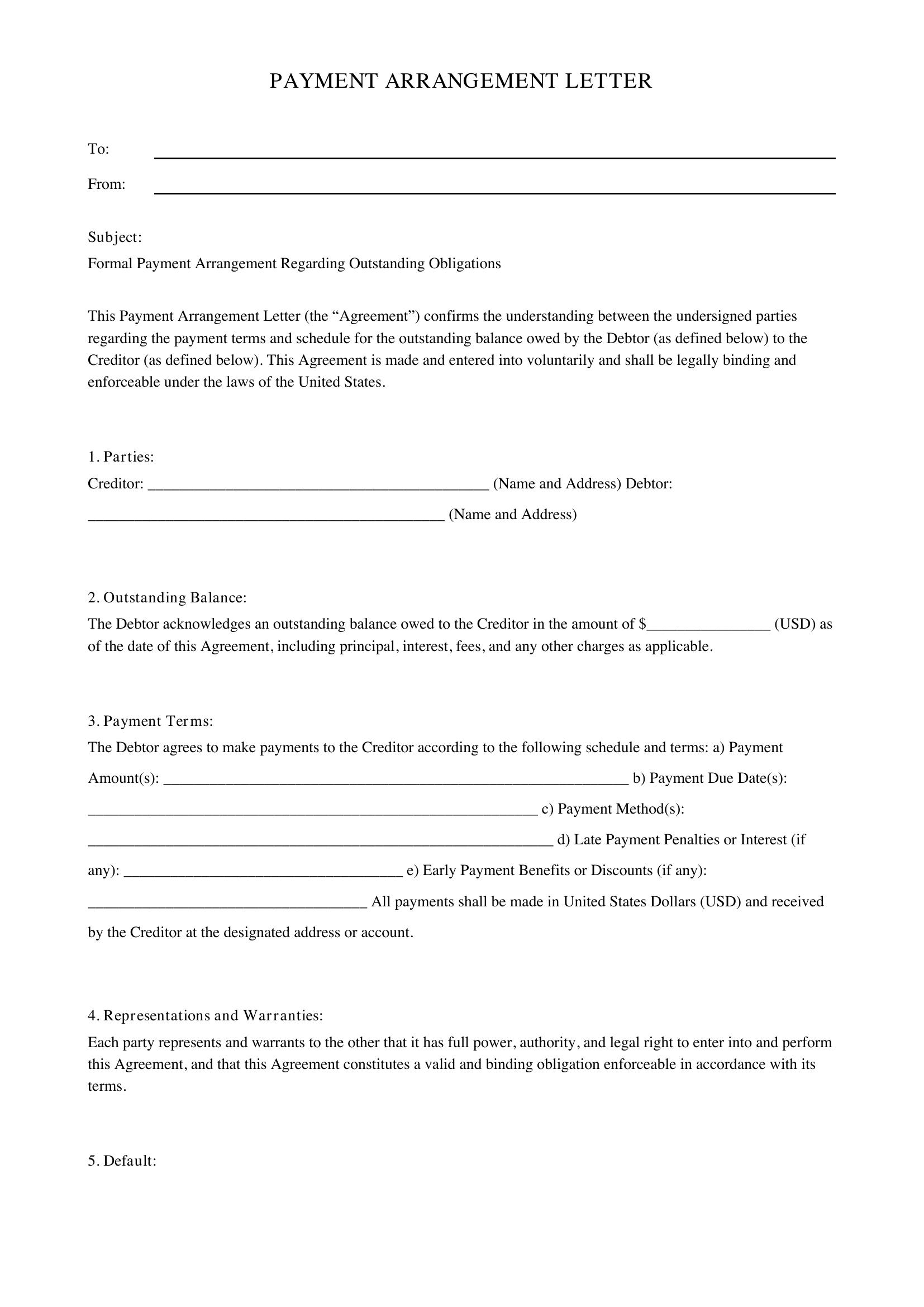 Payment Arrangement Letter Template - US