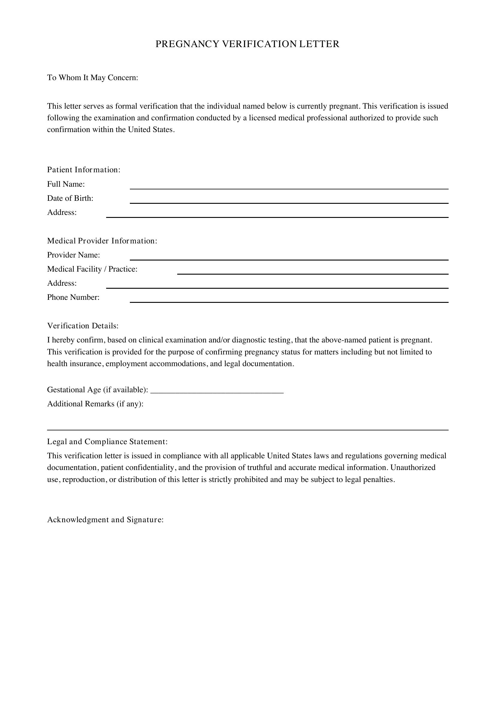Pregnancy Verification Letter Template - US