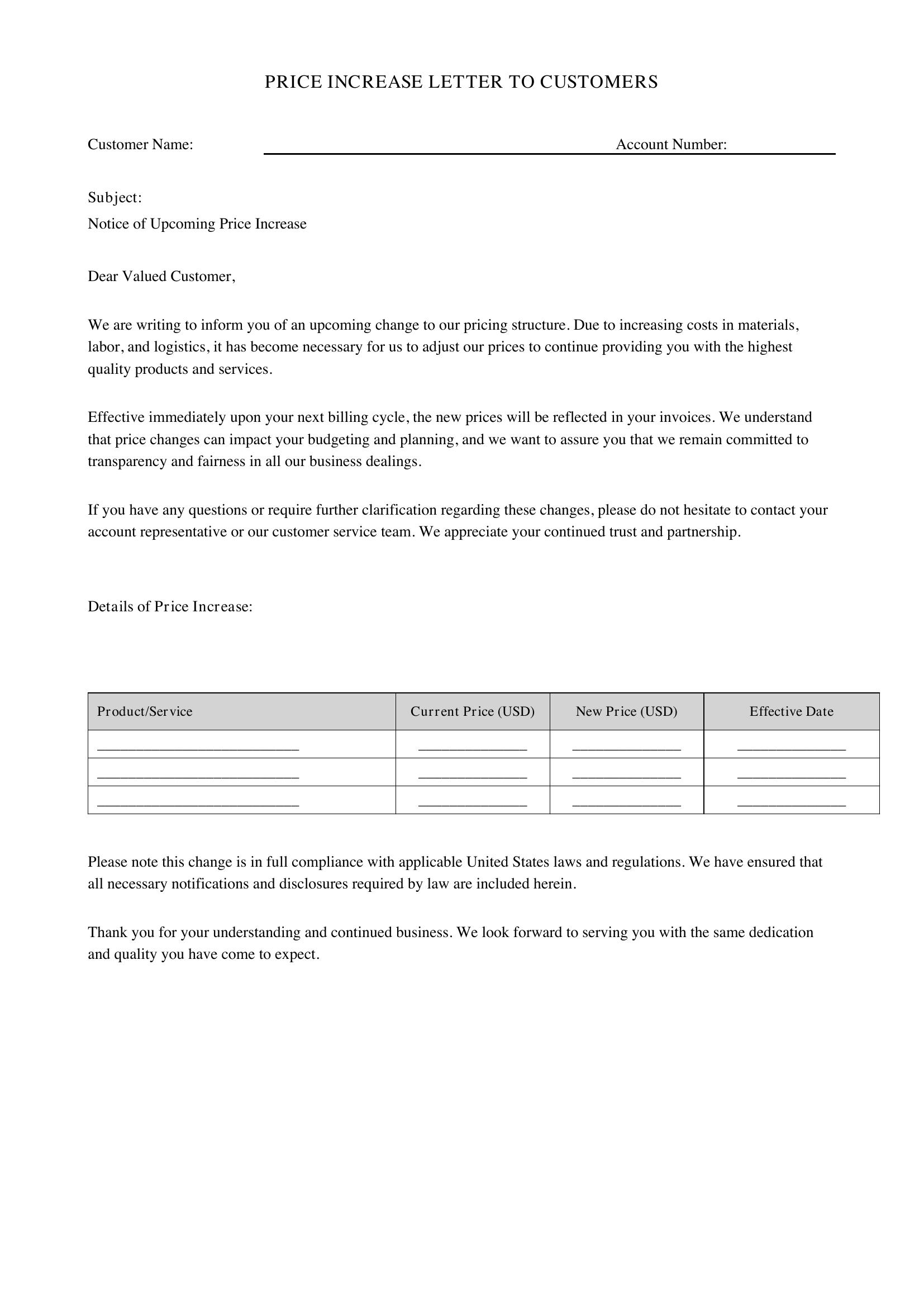 Price Increase Letter To Customers Template - US