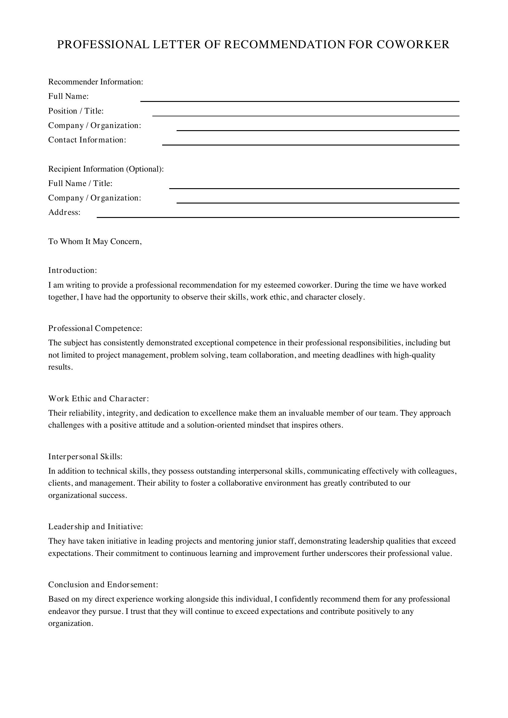 Professional Letter Of Recommendation For Coworker Template - US