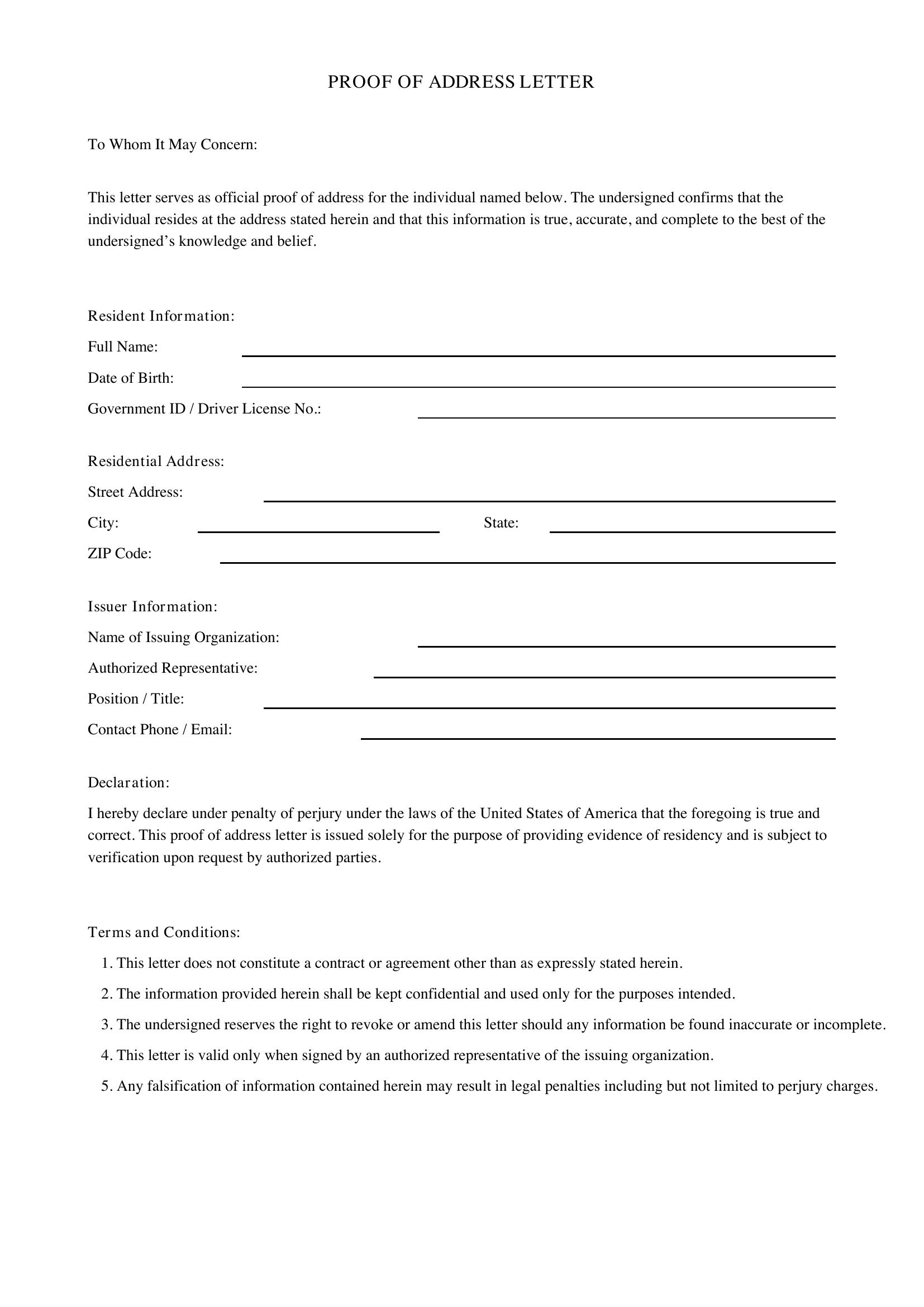 Proof Of Address Letter Template - US