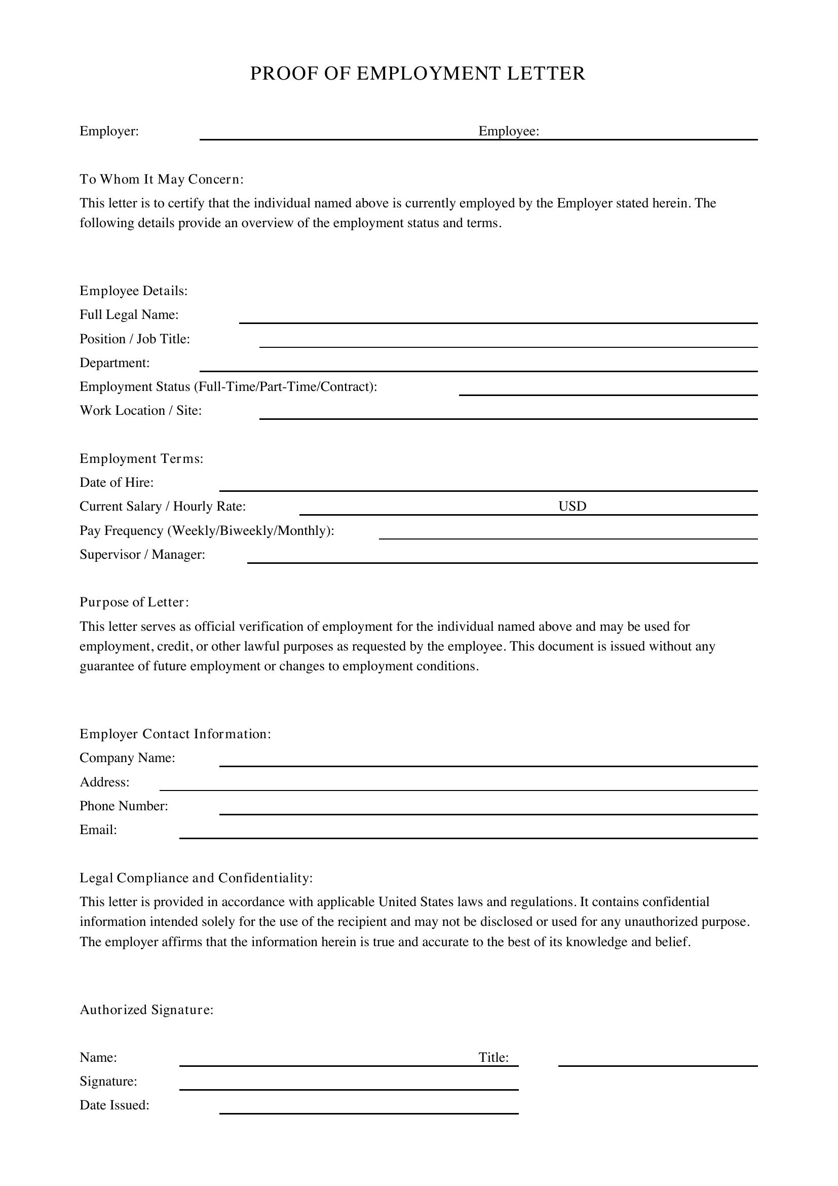 Proof Of Employment Letter Template - US