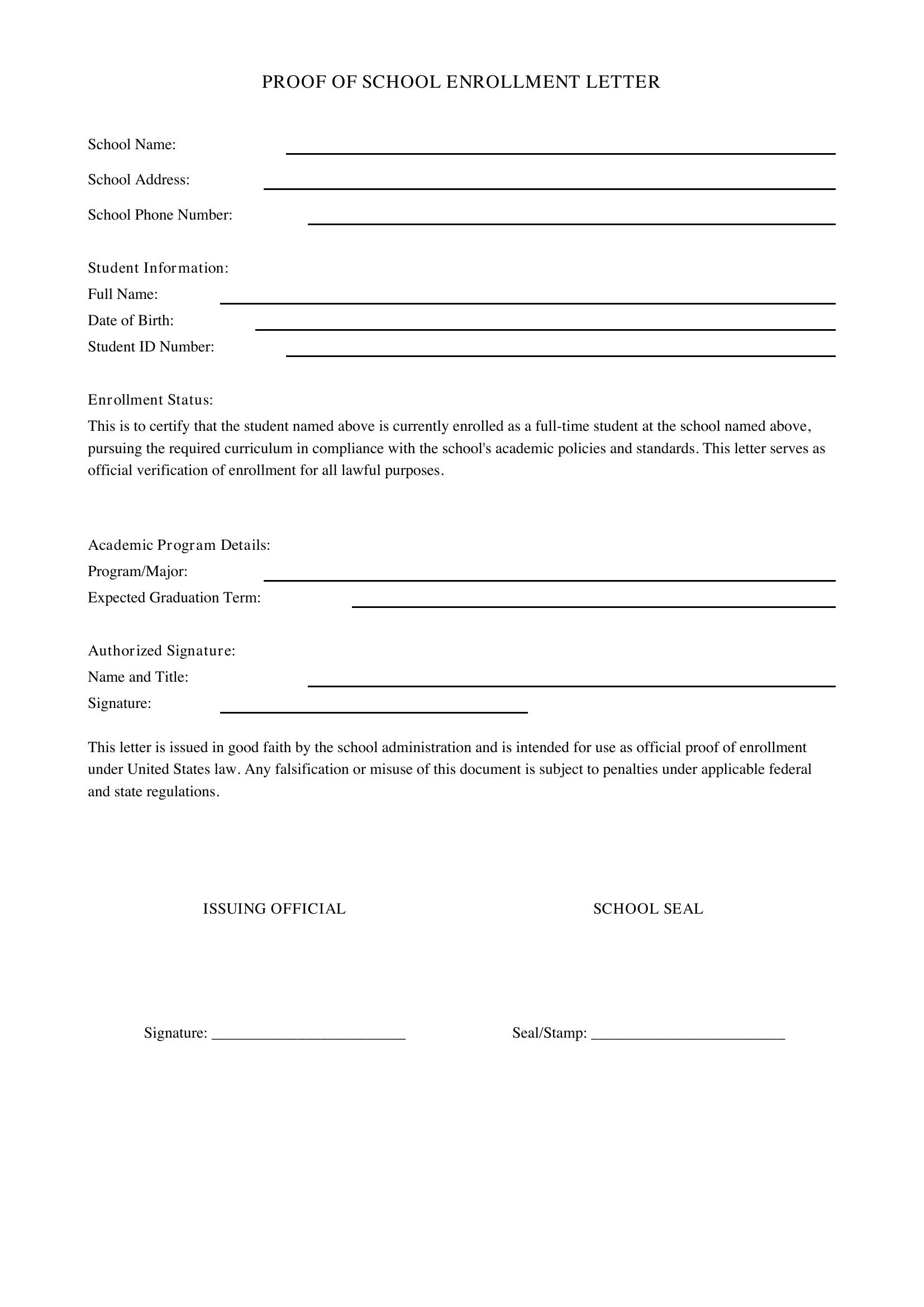 Proof Of School Enrollment Letter Template - US