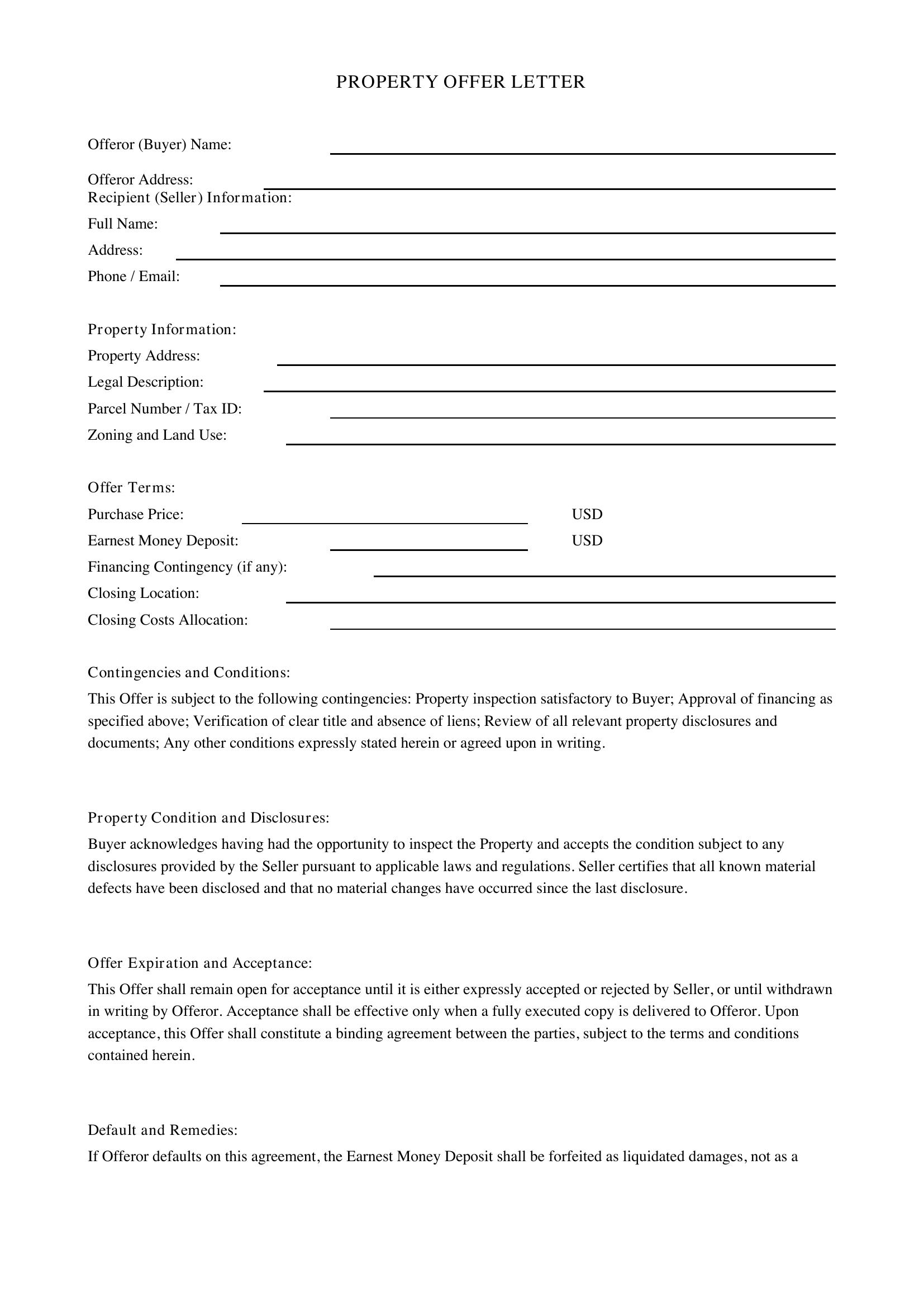 Property Offer Letter Template - US