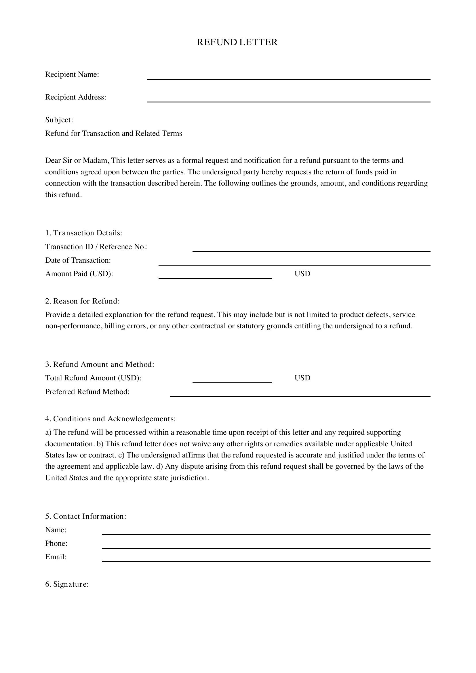 Refund Letter Template - US