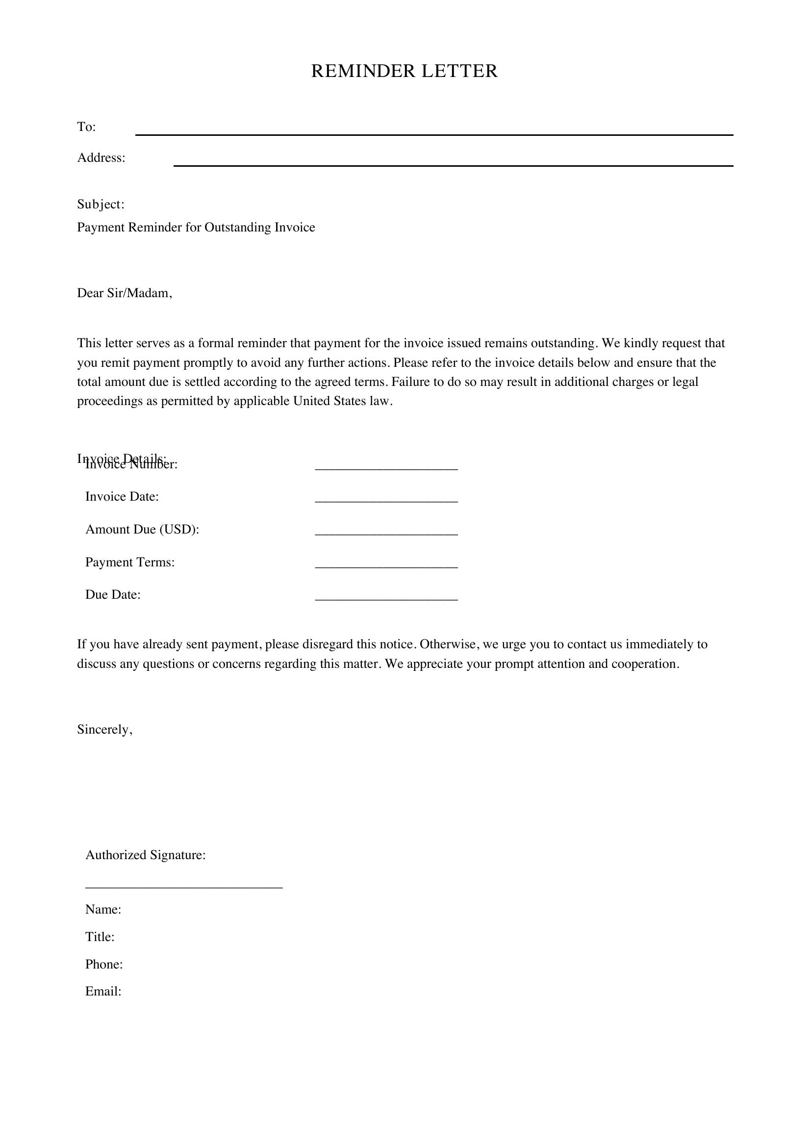 Reminder Letter Template - US
