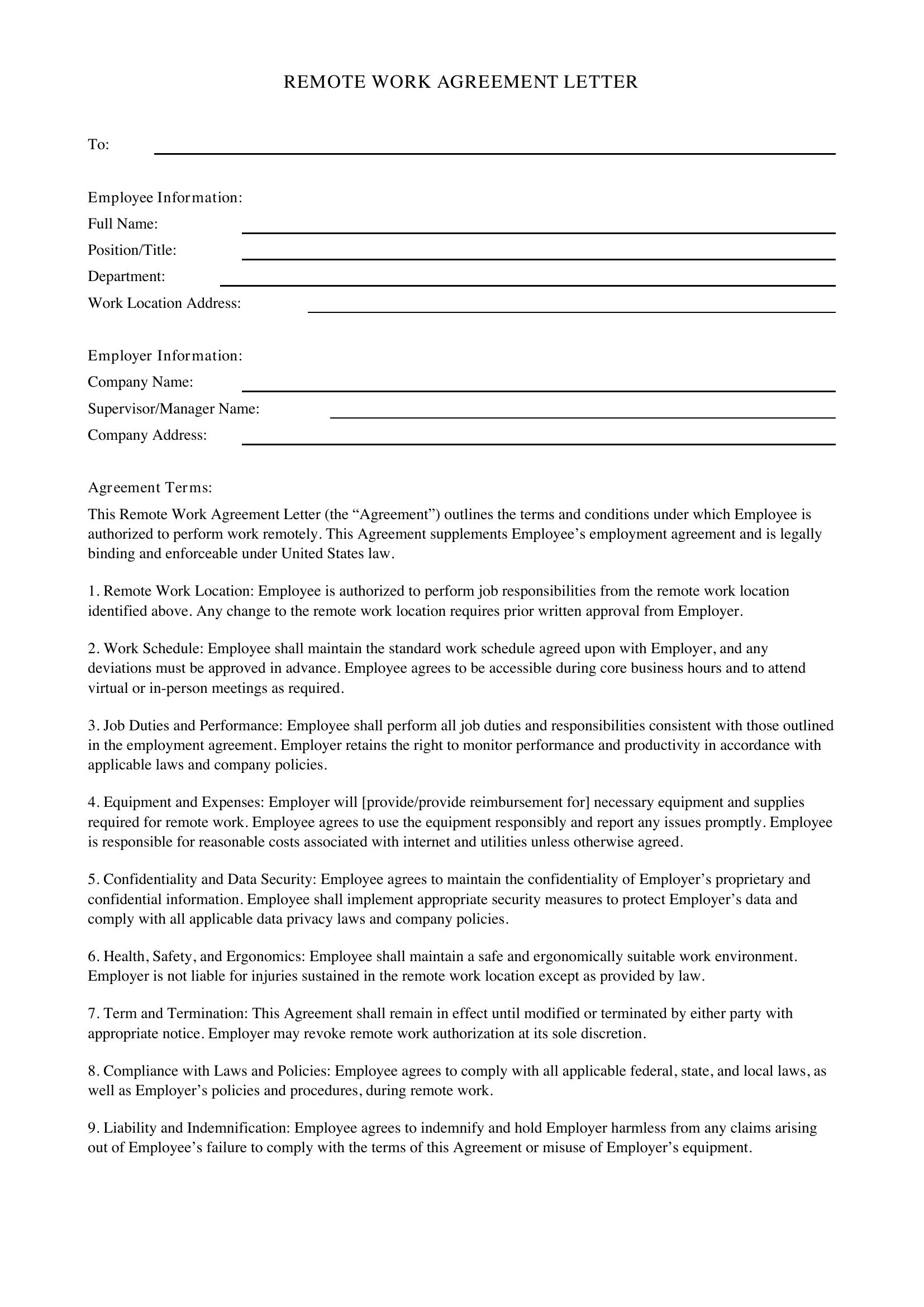 Remote Work Letter Template - US