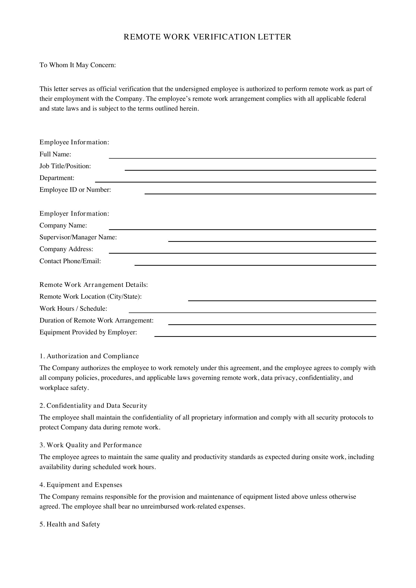 Remote Work Verification Letter Template - US