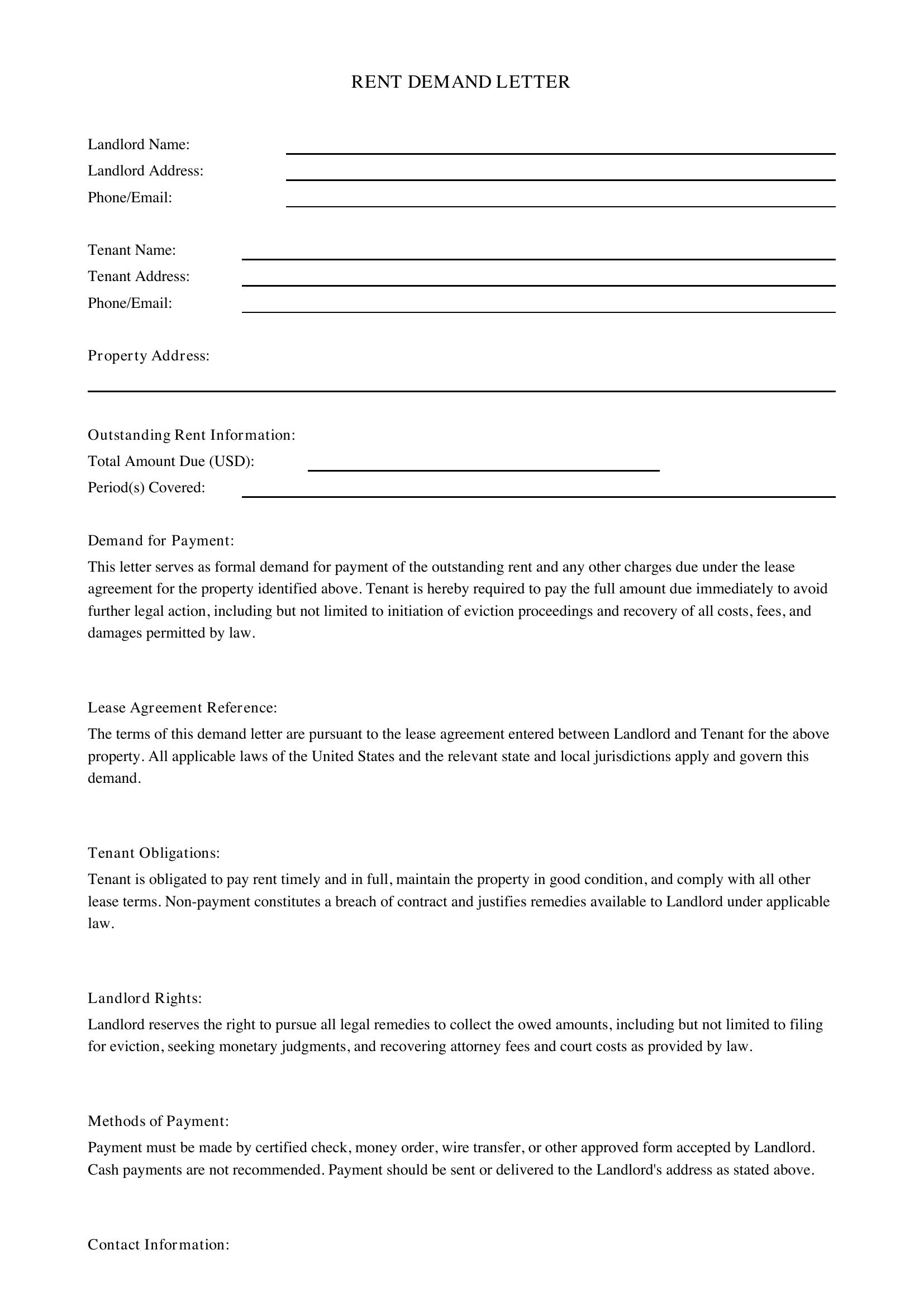 Rent Demand Letter Template - US