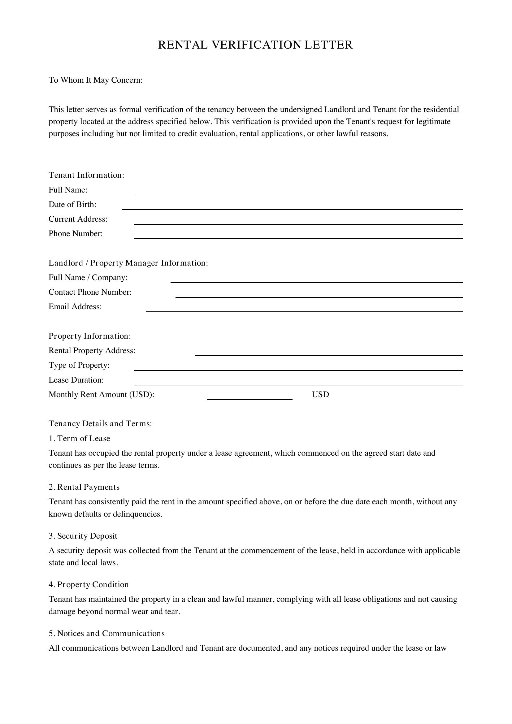 Rental Verification Letter Template - US