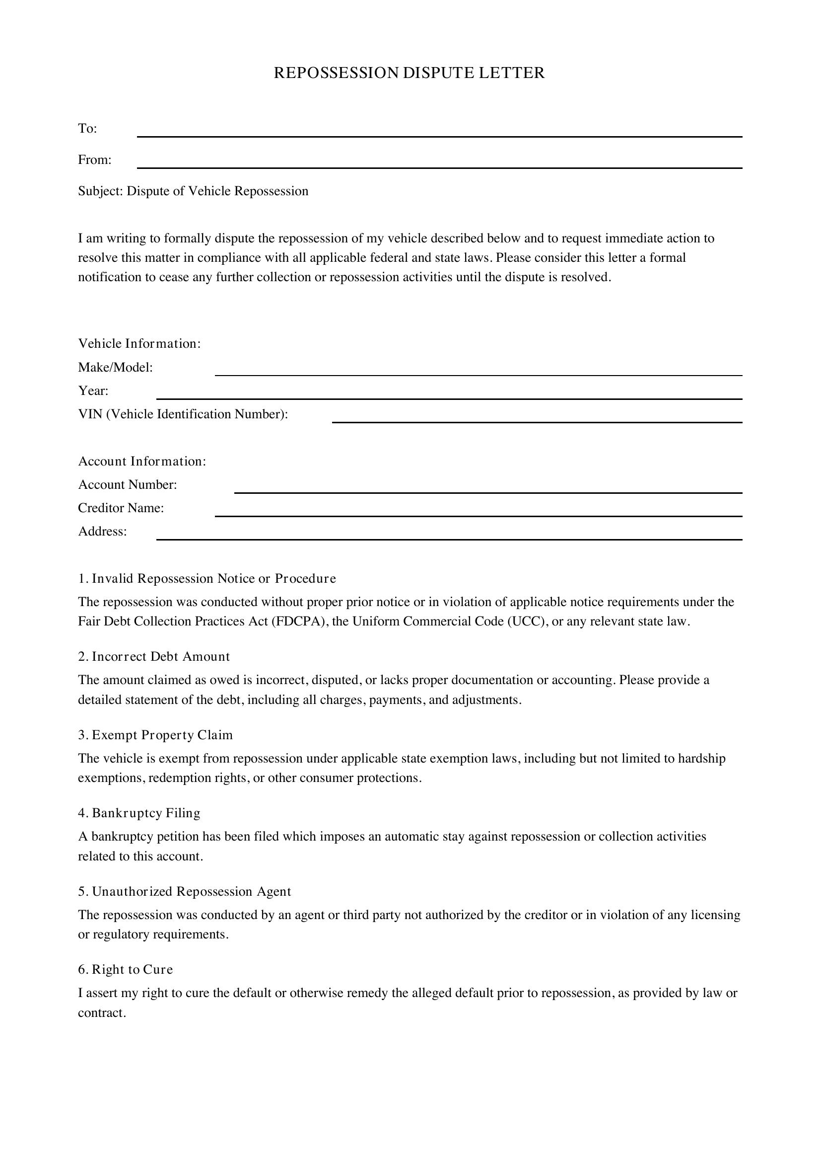 Repossession Dispute Letter Template - US