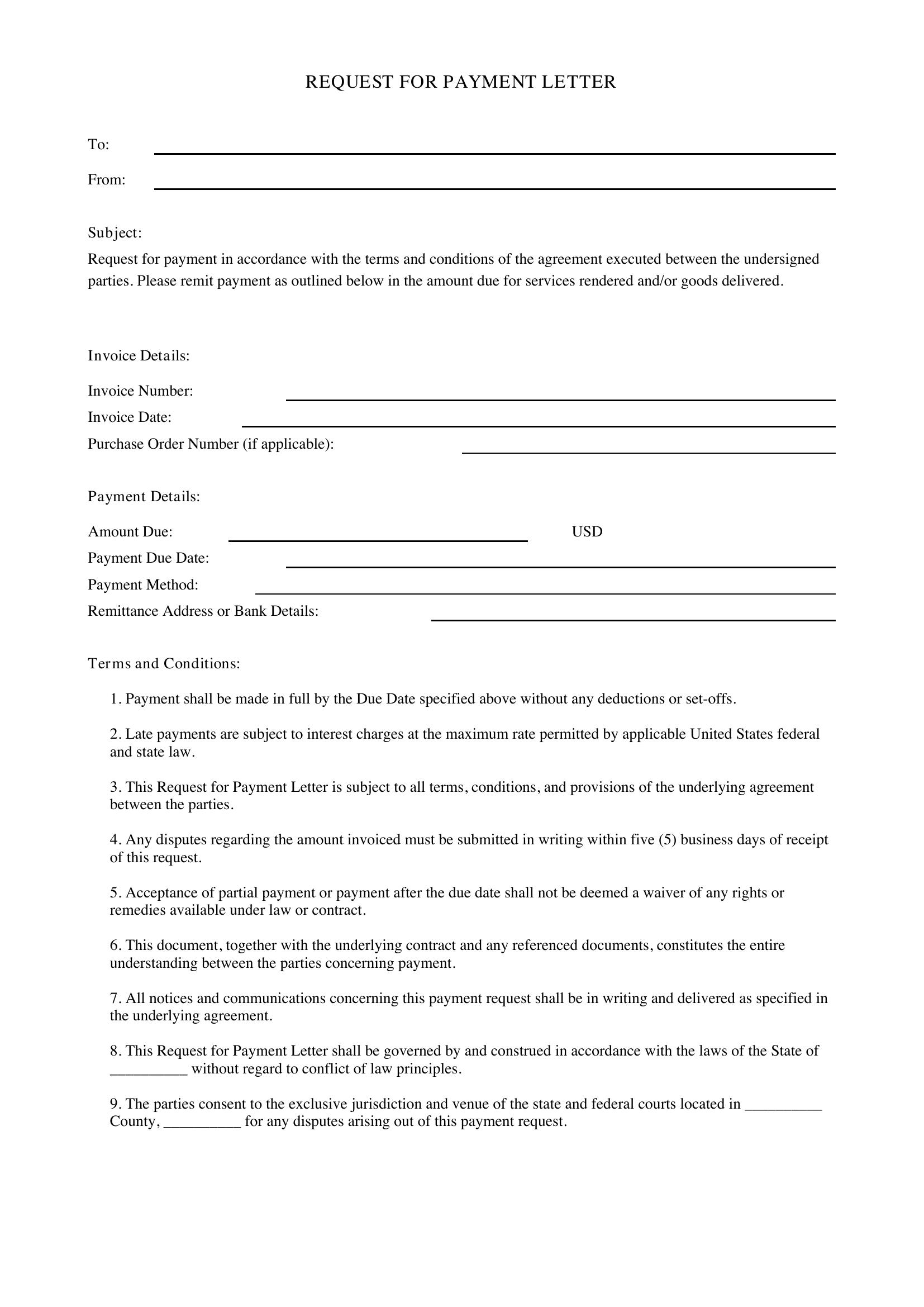 Request For Payment Letter Template - US