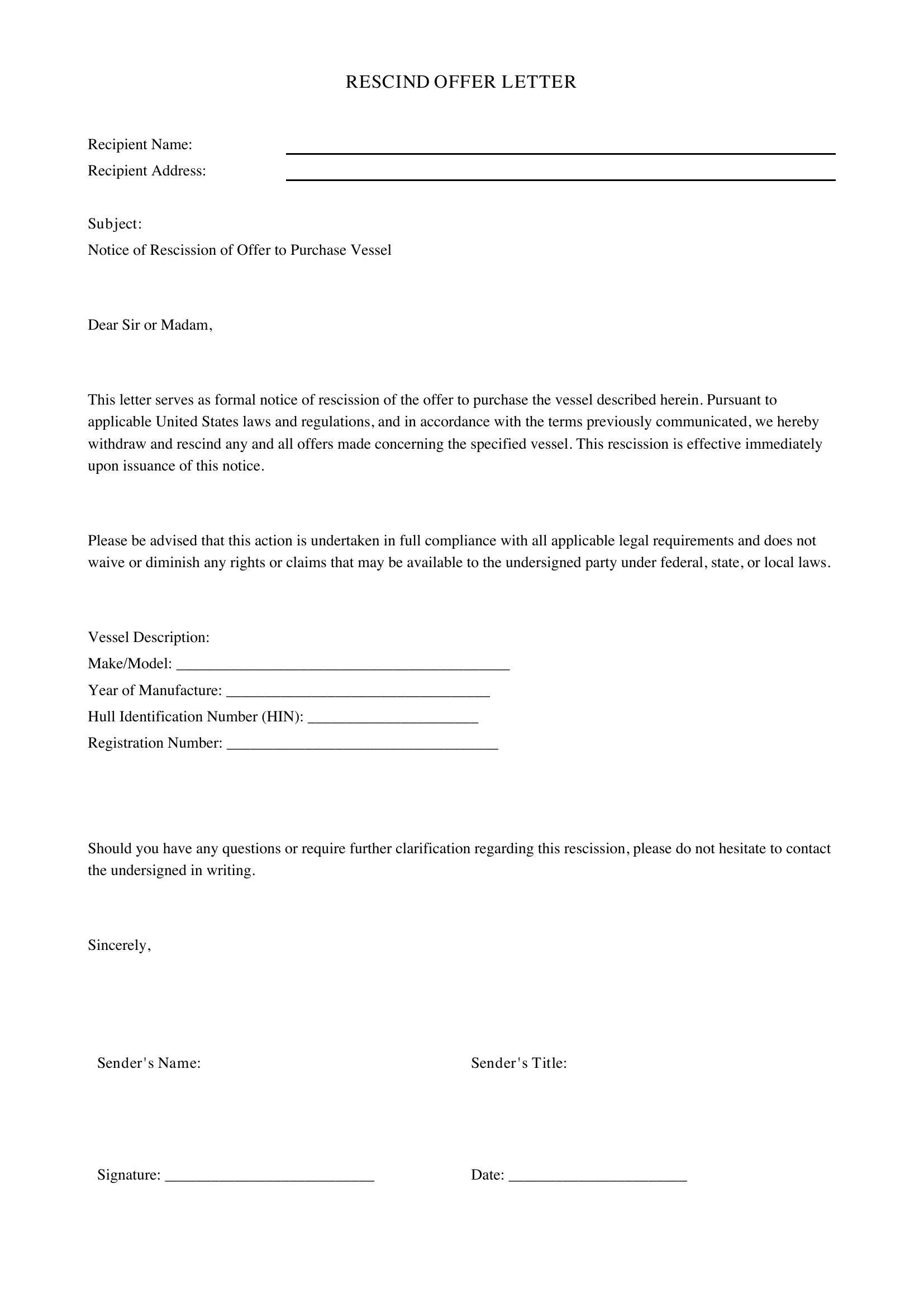 Rescind Offer Letter Template - US