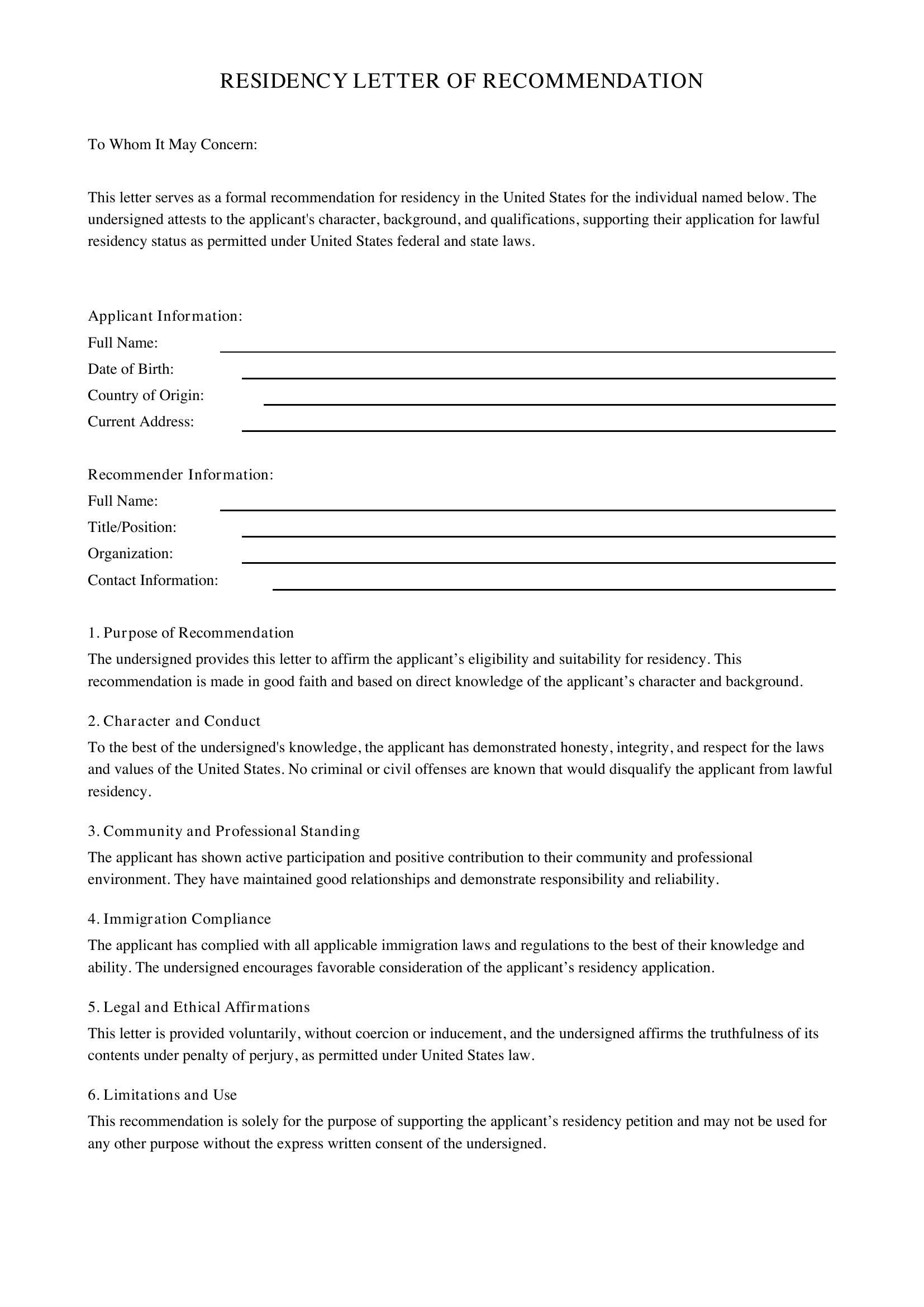 Residency Letter Of Recommendation Template - US