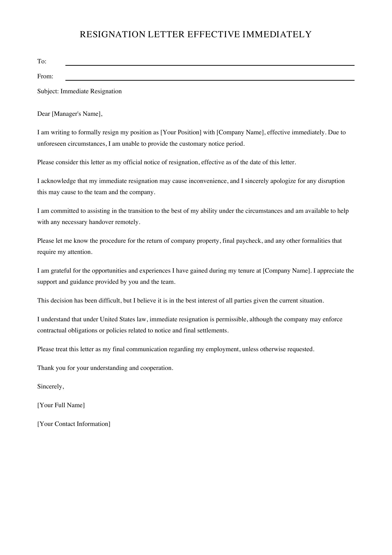Resignation Letter Effective Immediately Template - US