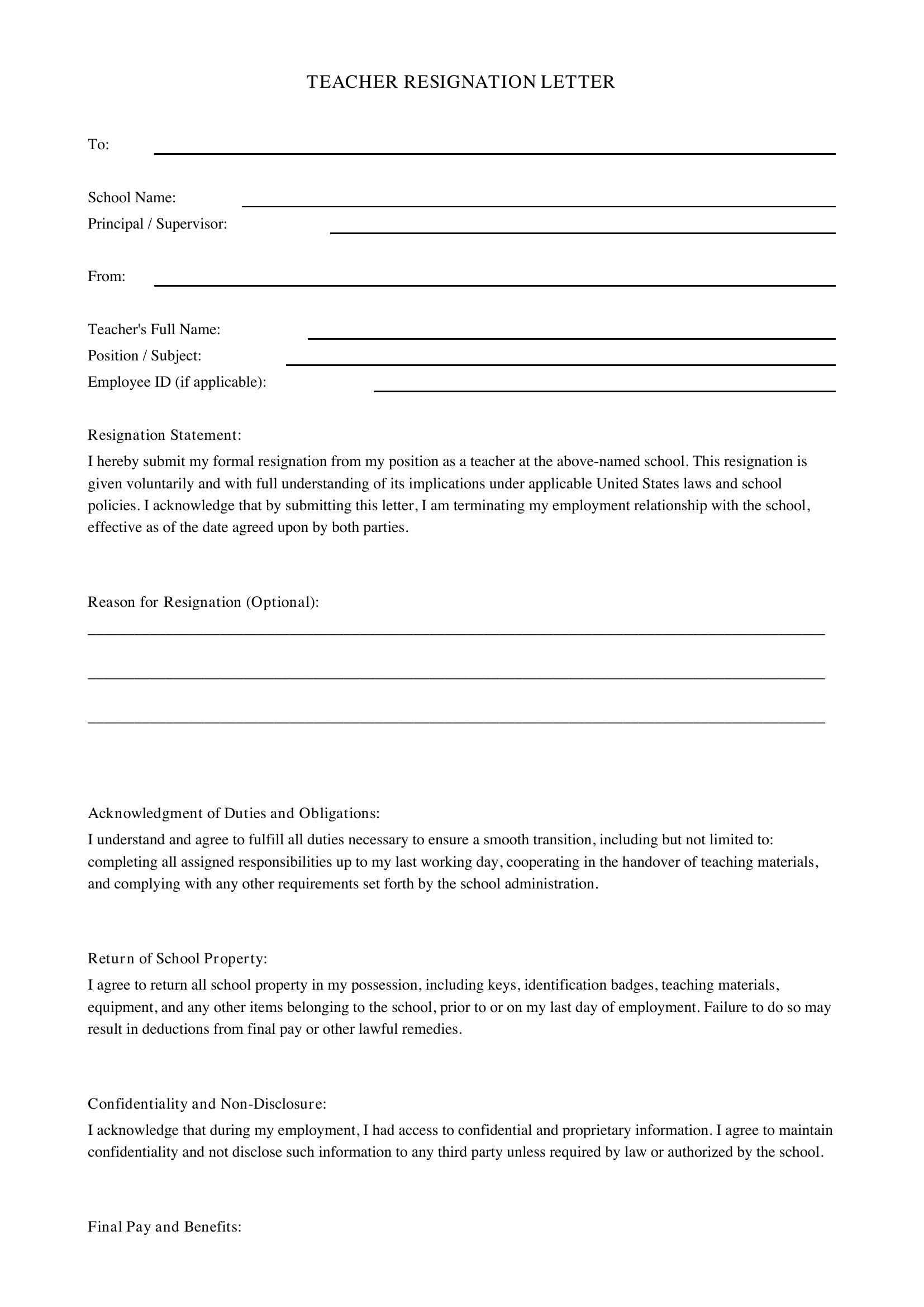 Resignation Letter For Teachers Template - US