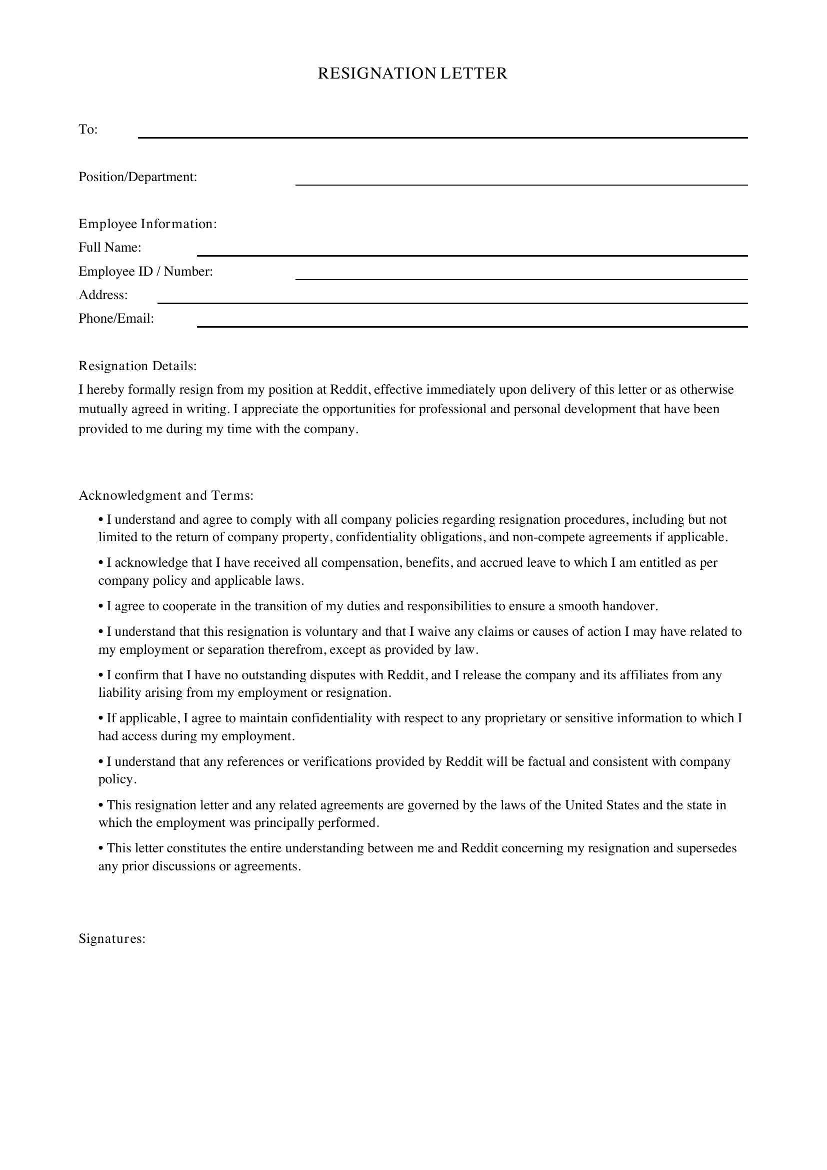 Resignation Letter Reddit Template - US