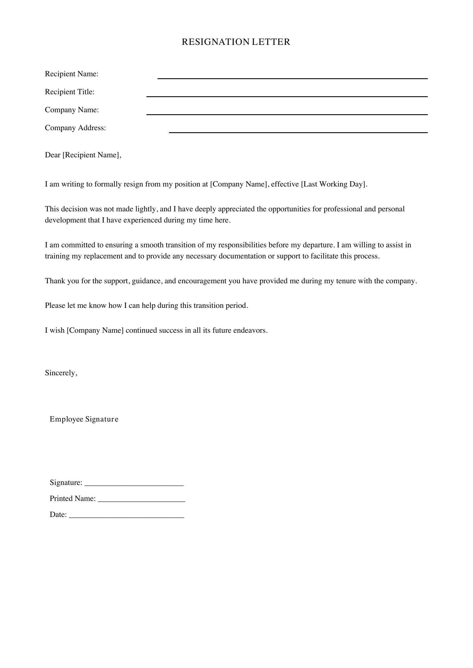 Resignation Letter Template - US