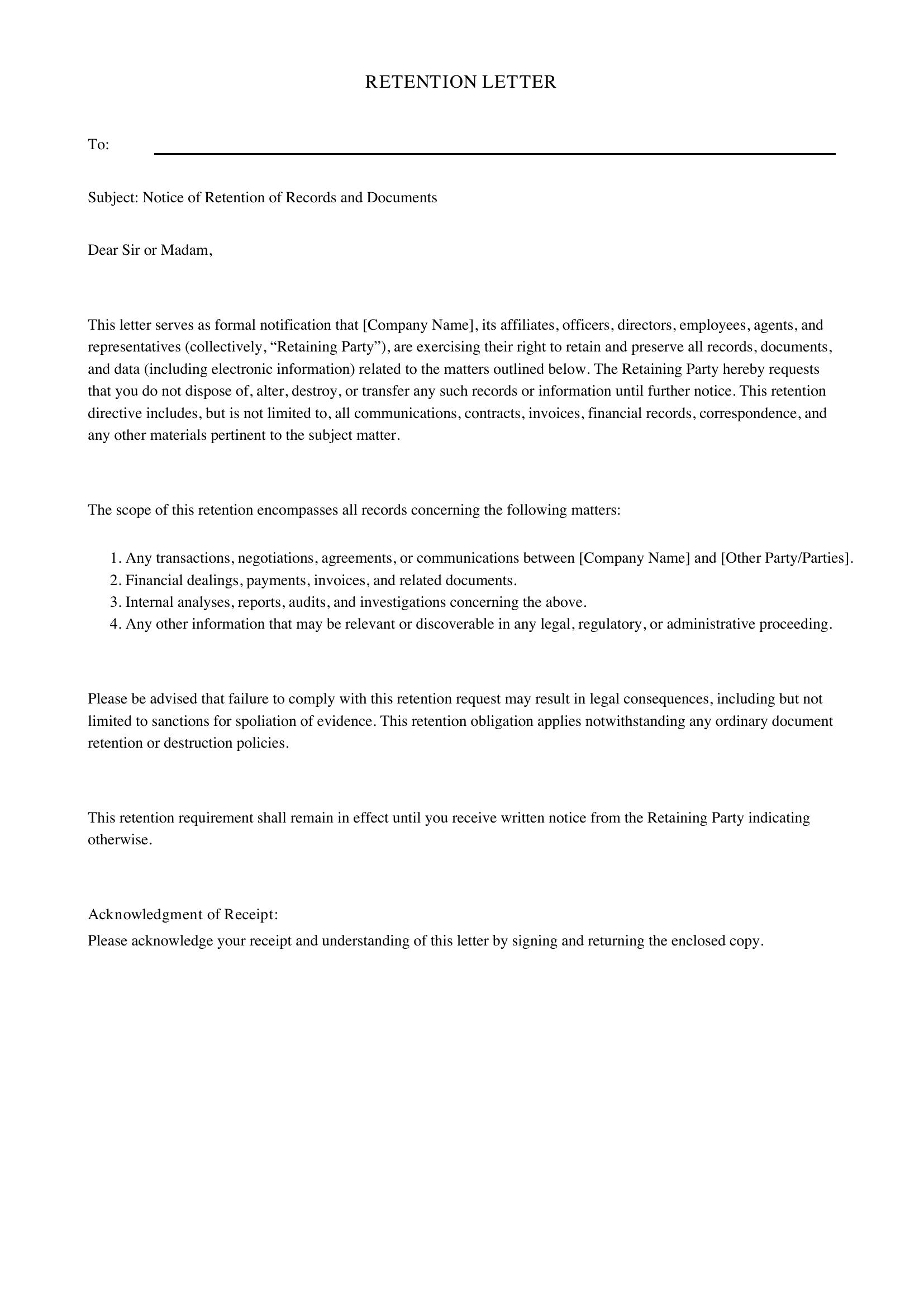 Retention Letter Template - US