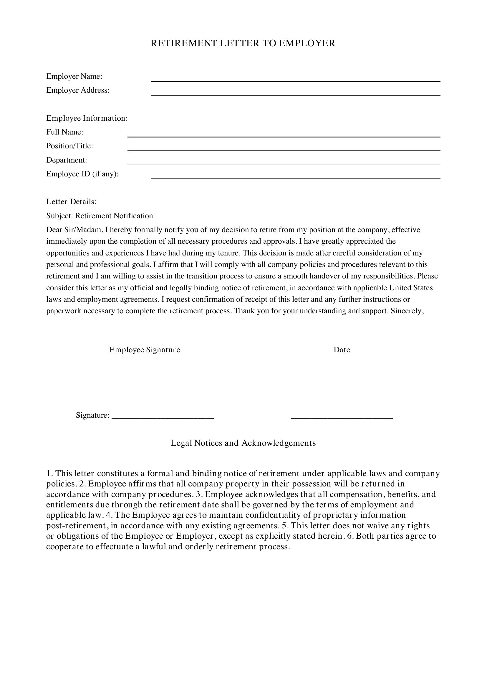 Retirement Letter To Employer Template - US
