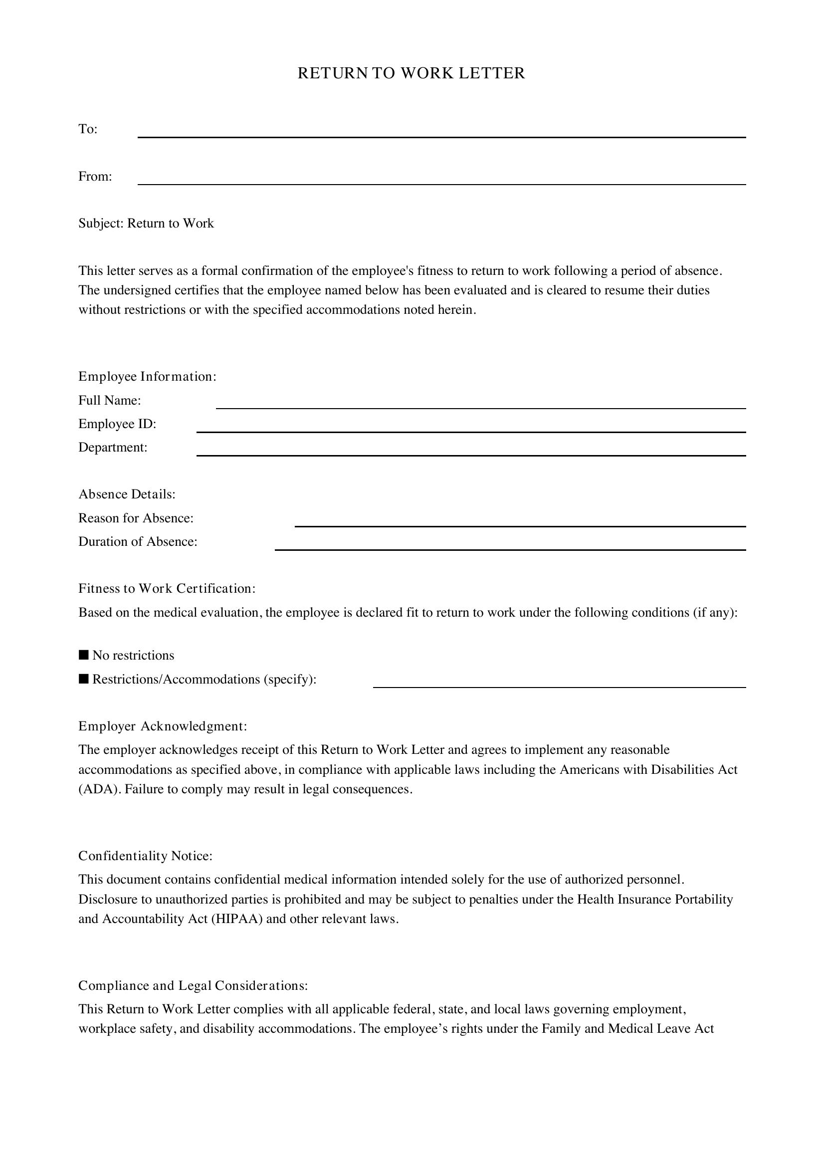 Return To Work Letter Template - US