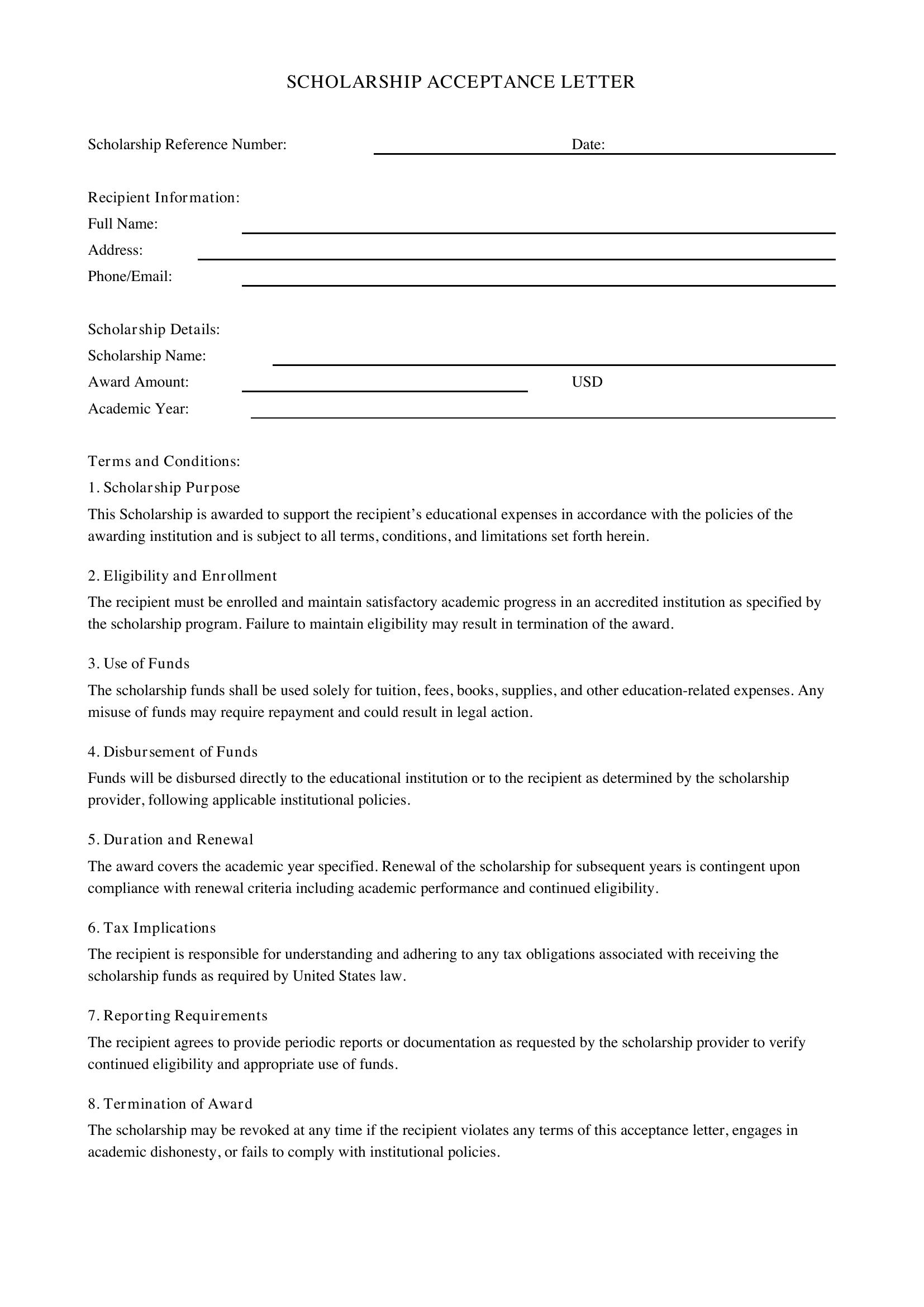 Scholarship Acceptance Letter Template - US