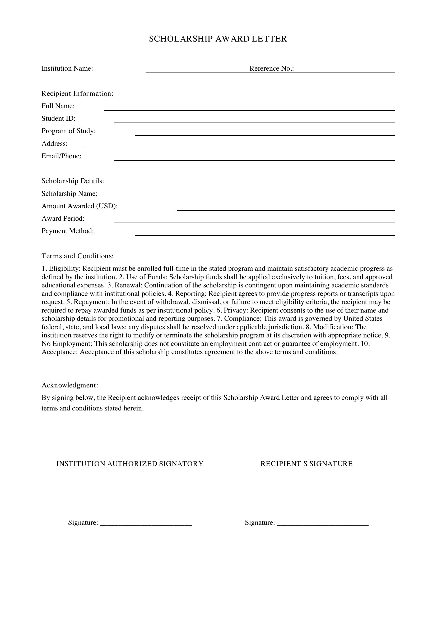 Scholarship Letter Template - US