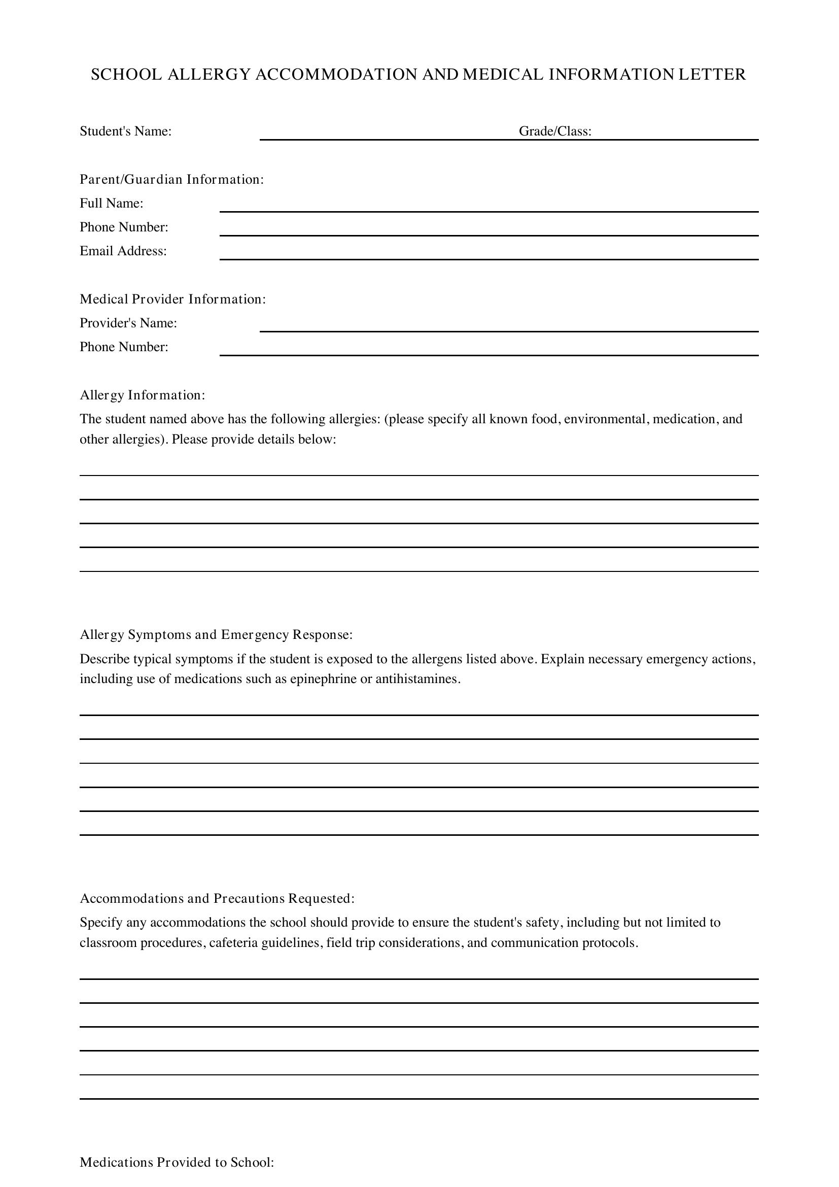 School Allergy Letter Template - US