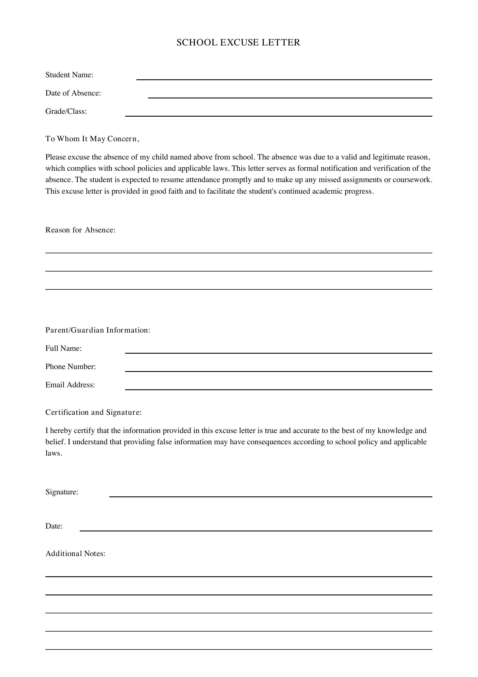 School Excuse Letter Template - US