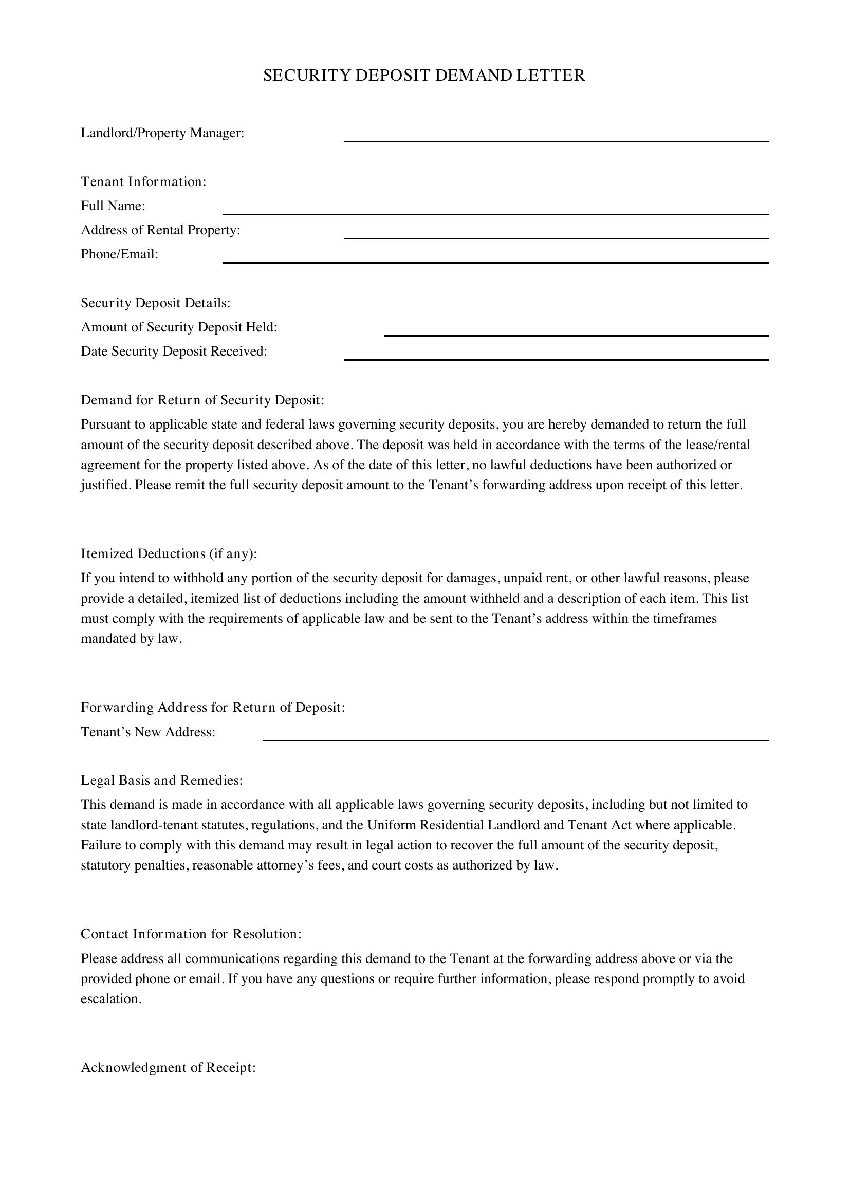 Security Deposit Demand Letter Template - US