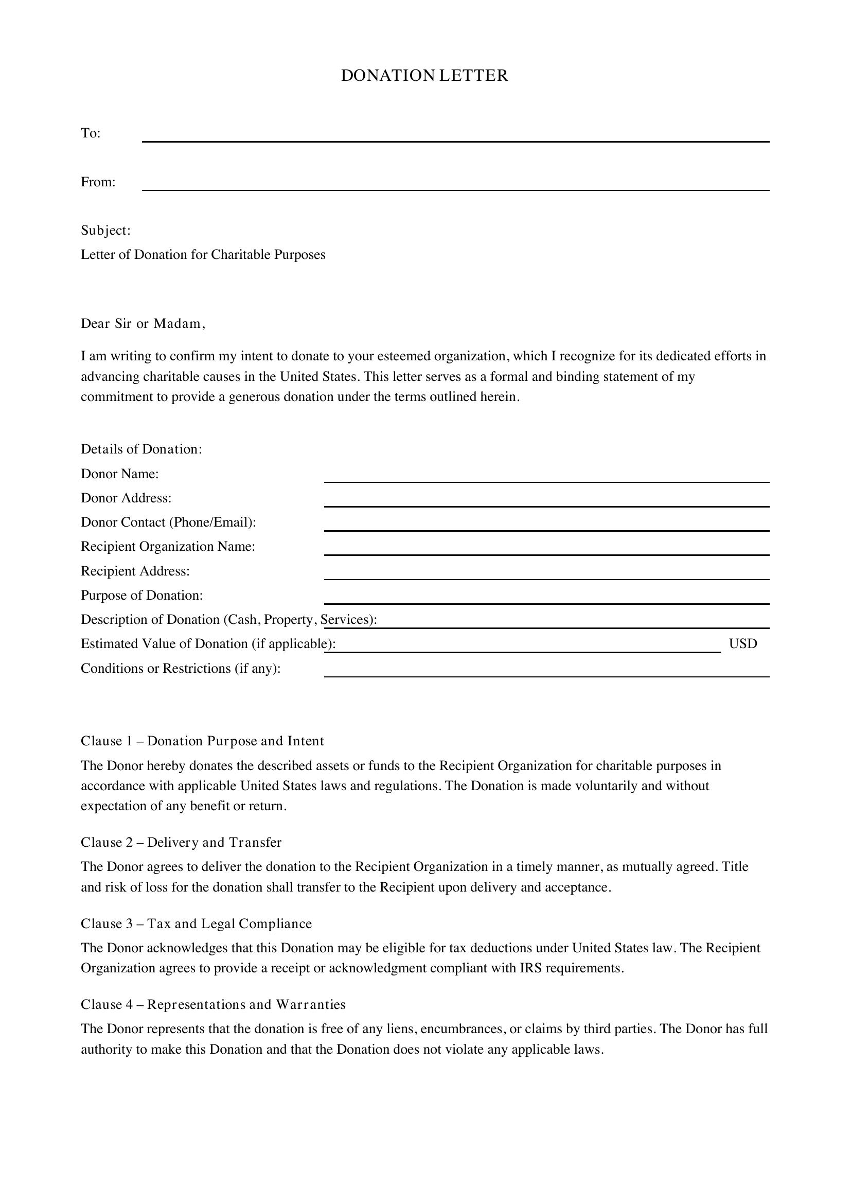 Sending A Donation Letter Template - US