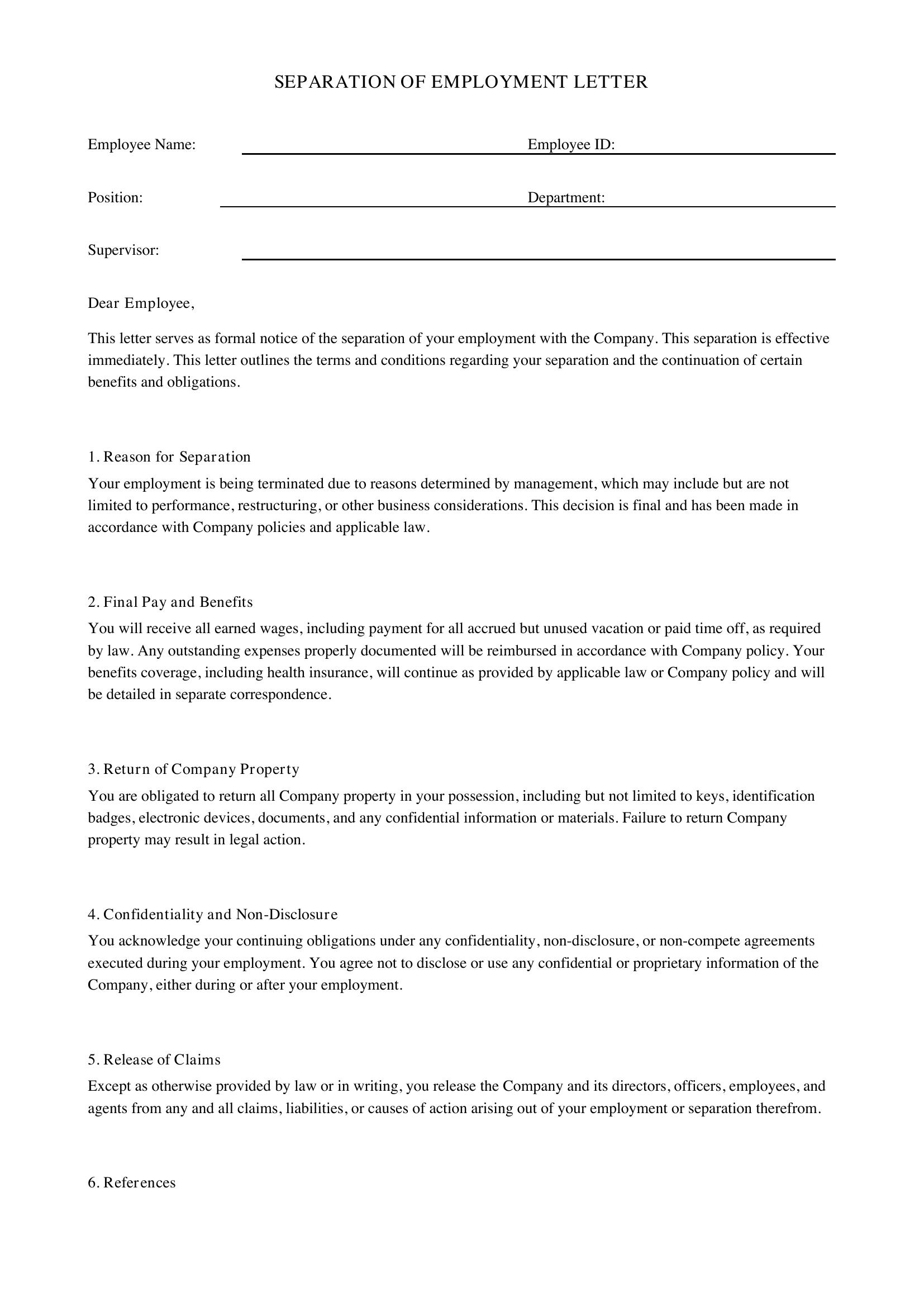 Separation Of Employment Letter Template - US