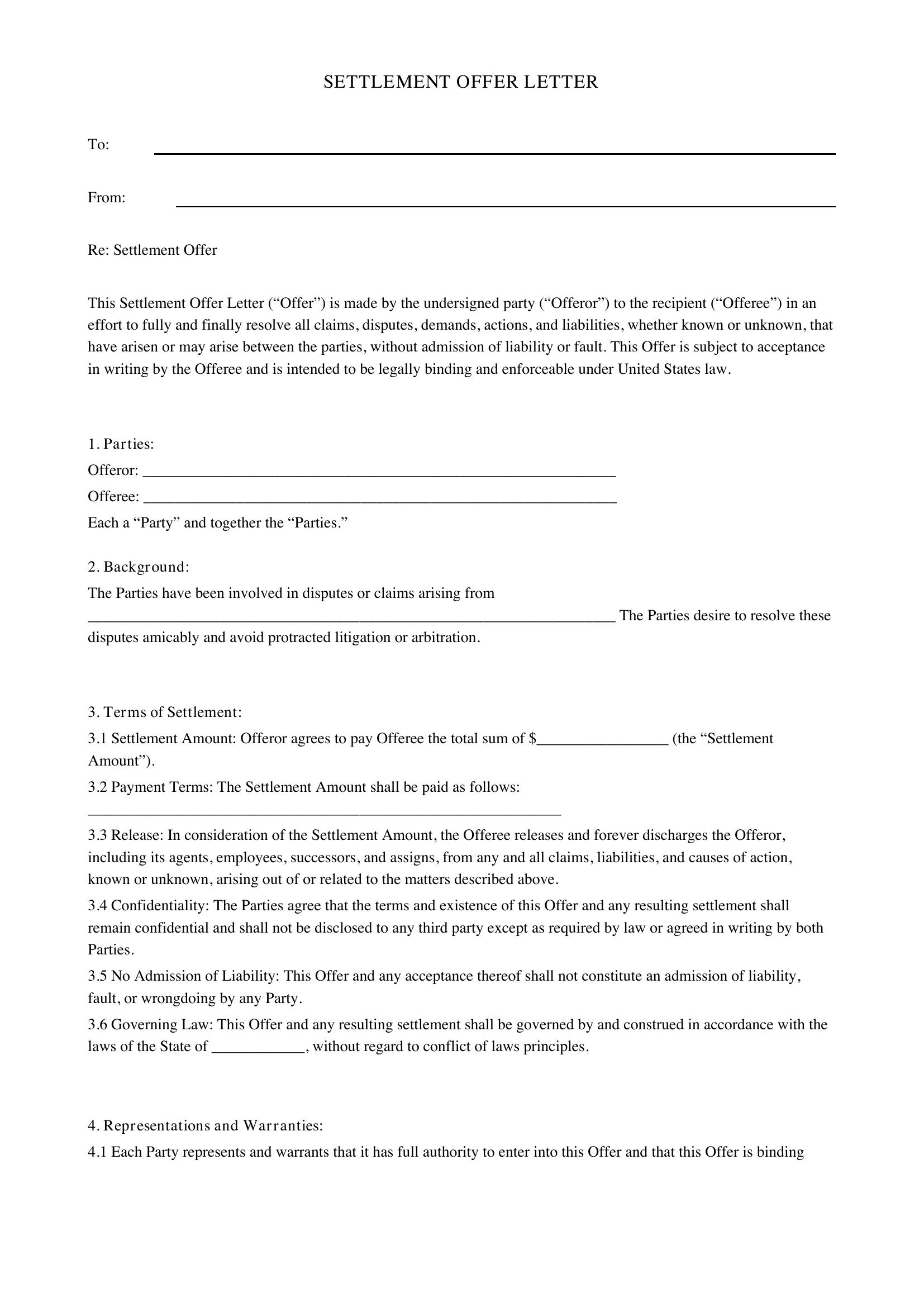 Settlement Offer Letter Template - US