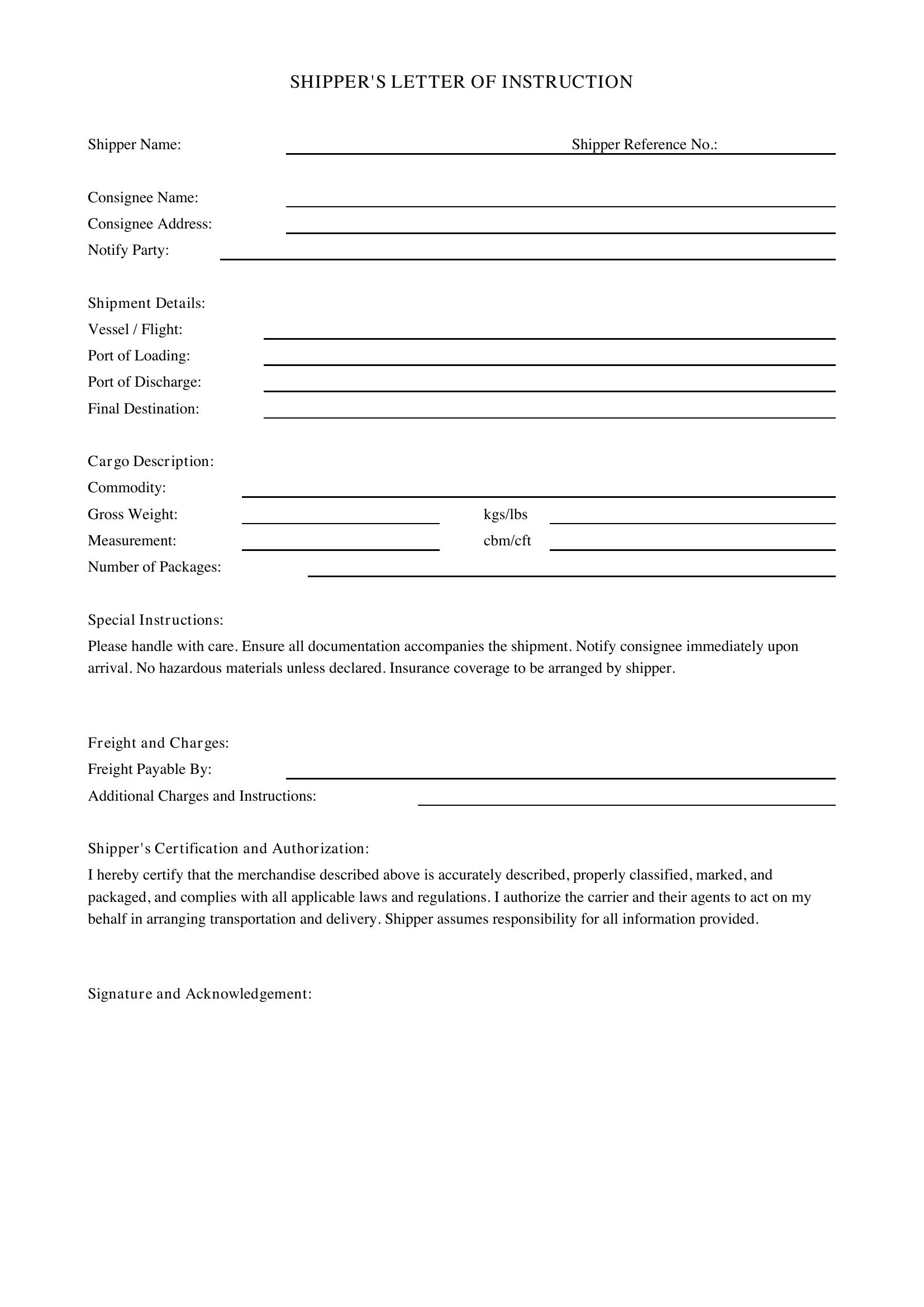 Shipper'S Letter Of Instruction Template - US