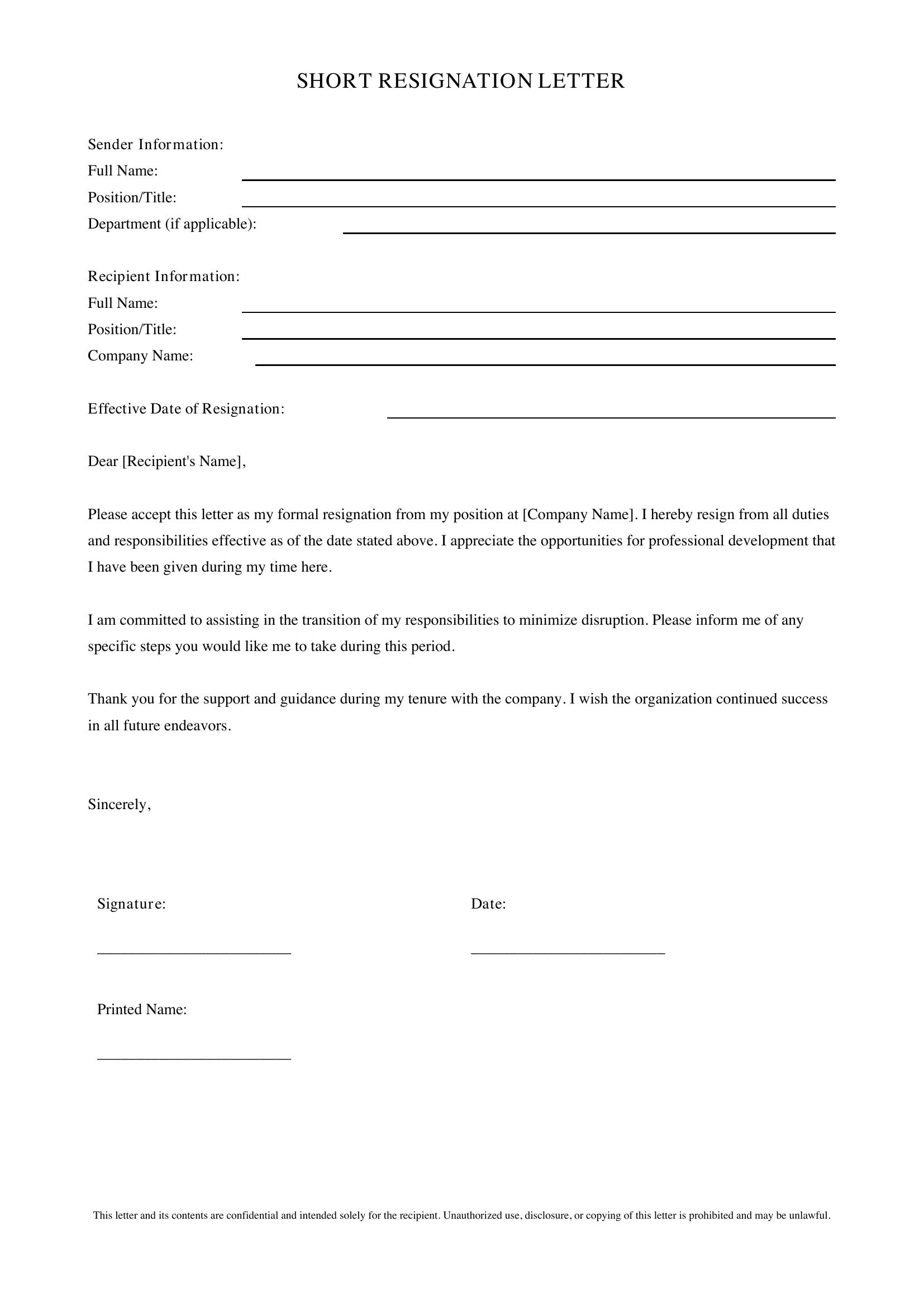 Short Resignation Letter Template - US