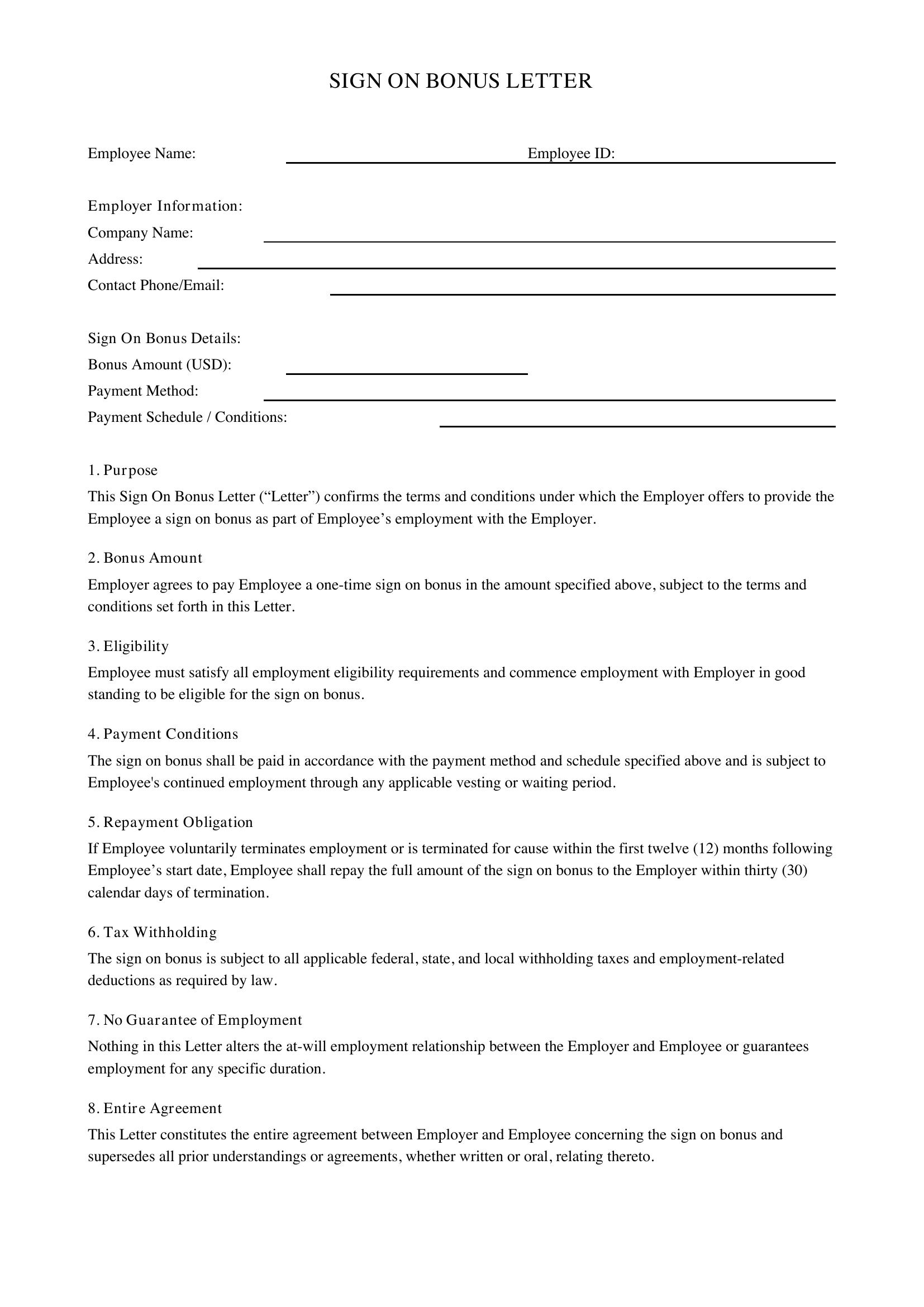 Sign On Bonus Letter Template - US