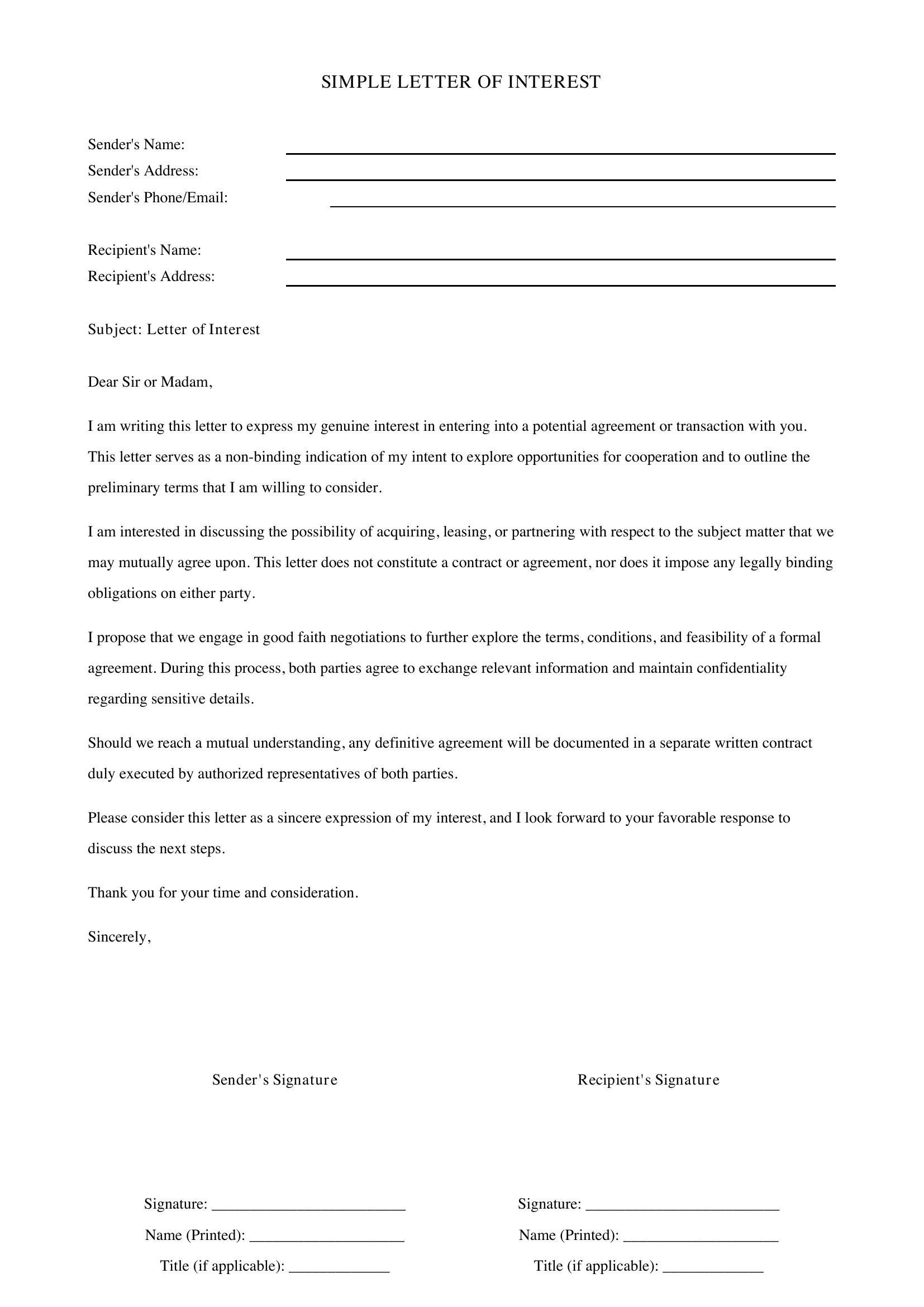 Simple Letter Of Interest Template - US