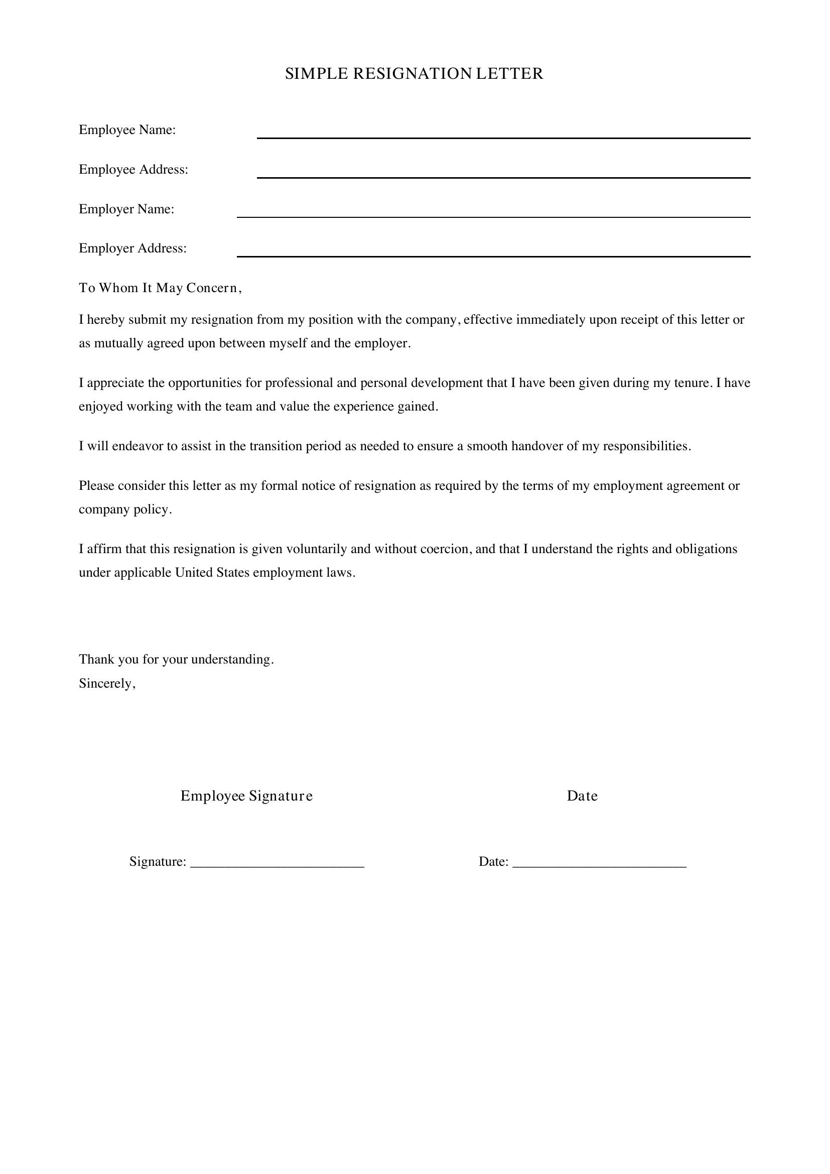 Simple Resignation Letter Template - US
