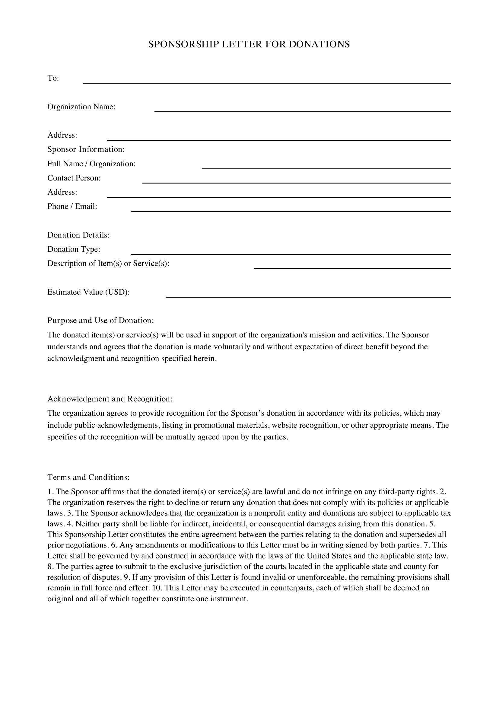 Sponsorship Letter For Donations Template - US