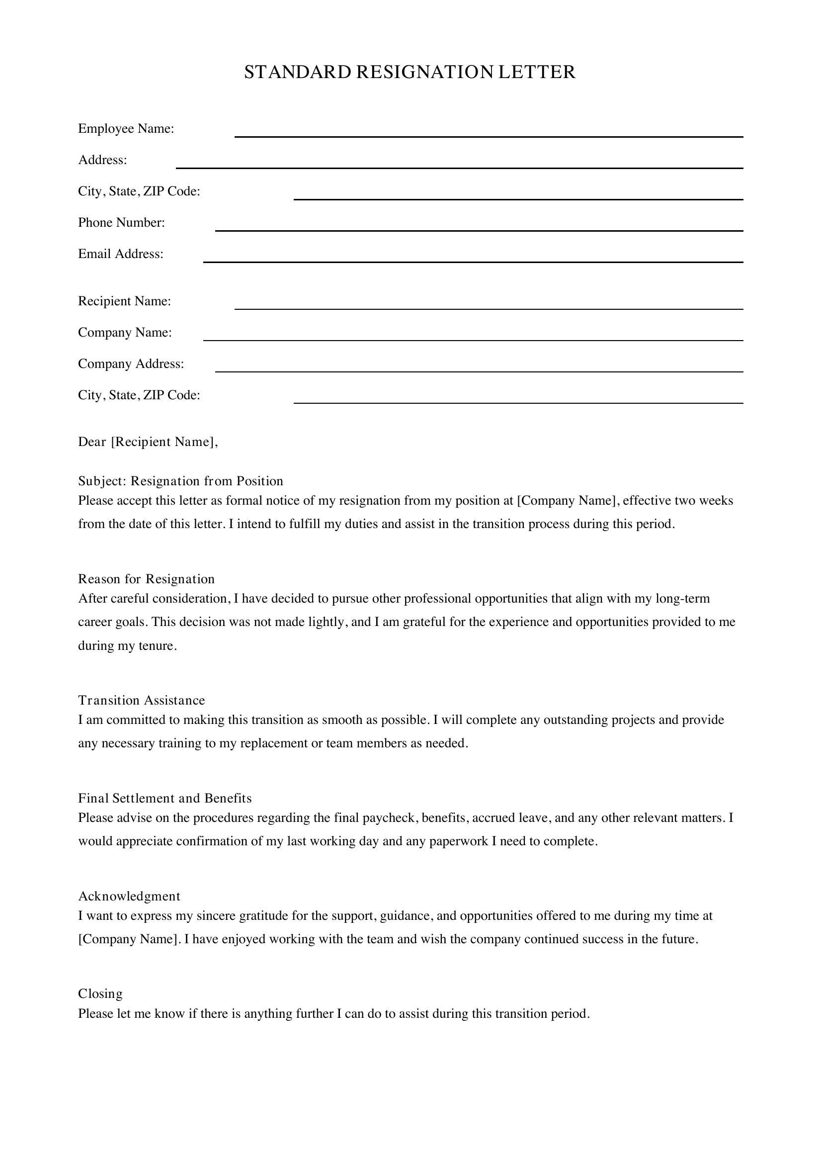 Standard Resignation Letter Template - US