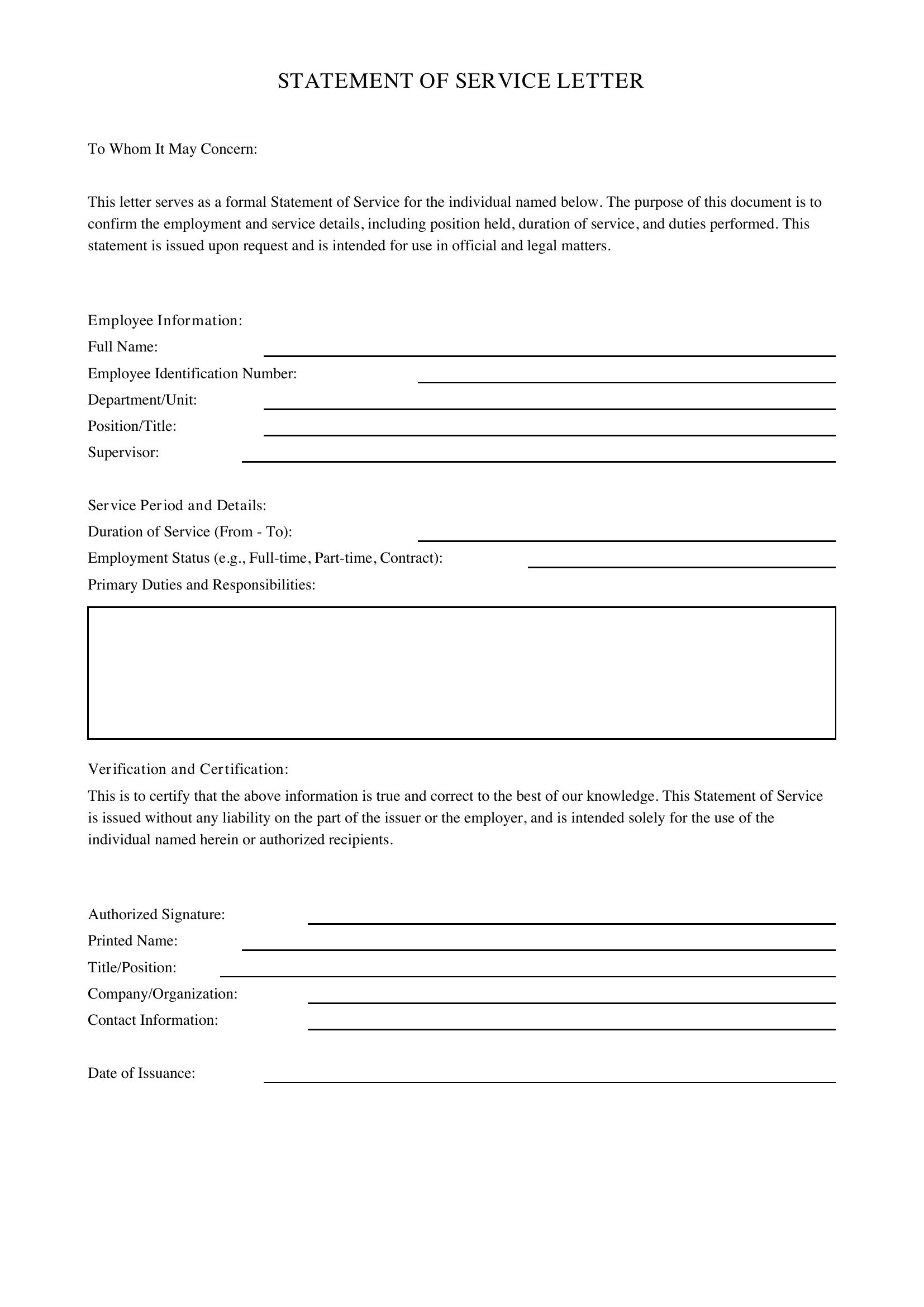 Statement Of Service Letter Template - US