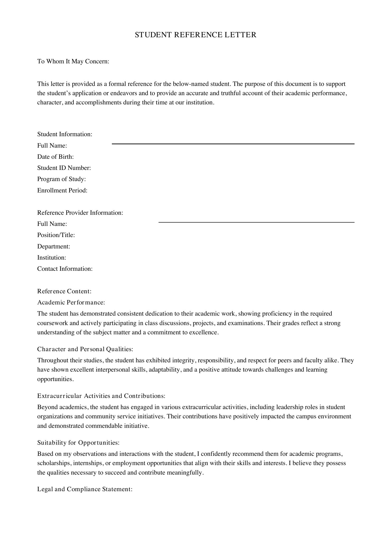 Student Reference Letter Template - US