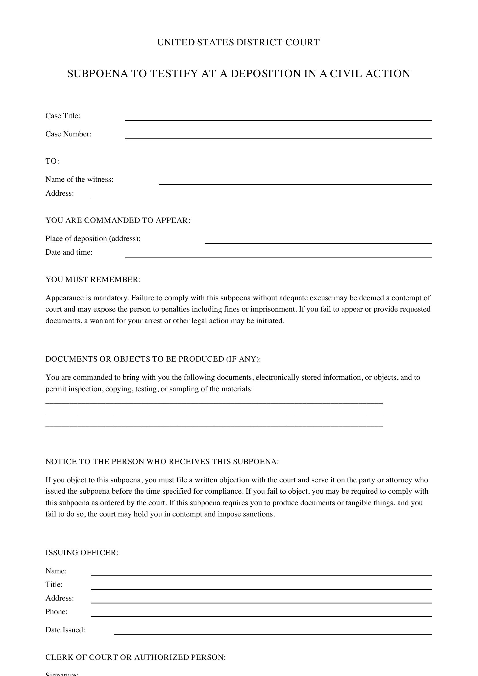 Subpoena Letter Template - US