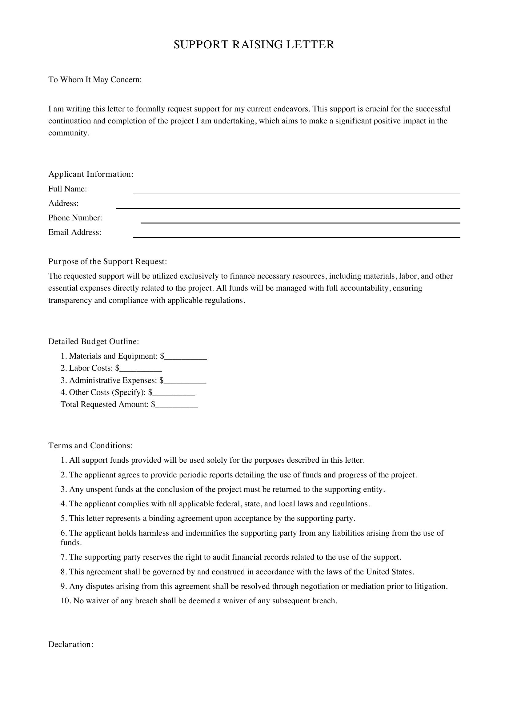 Support Raising Letter Template - US