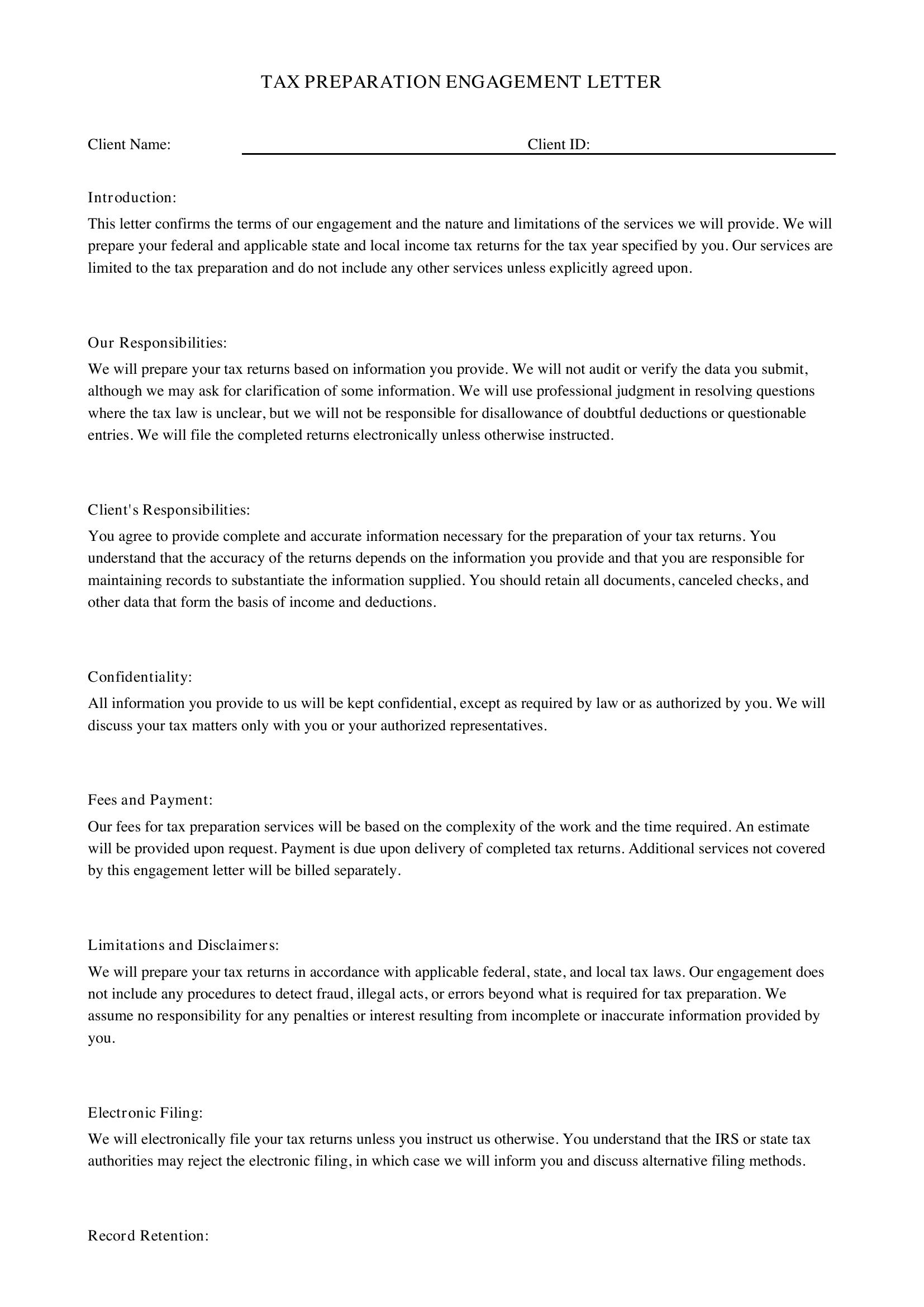 Tax Preparation Engagement Letter Template - US