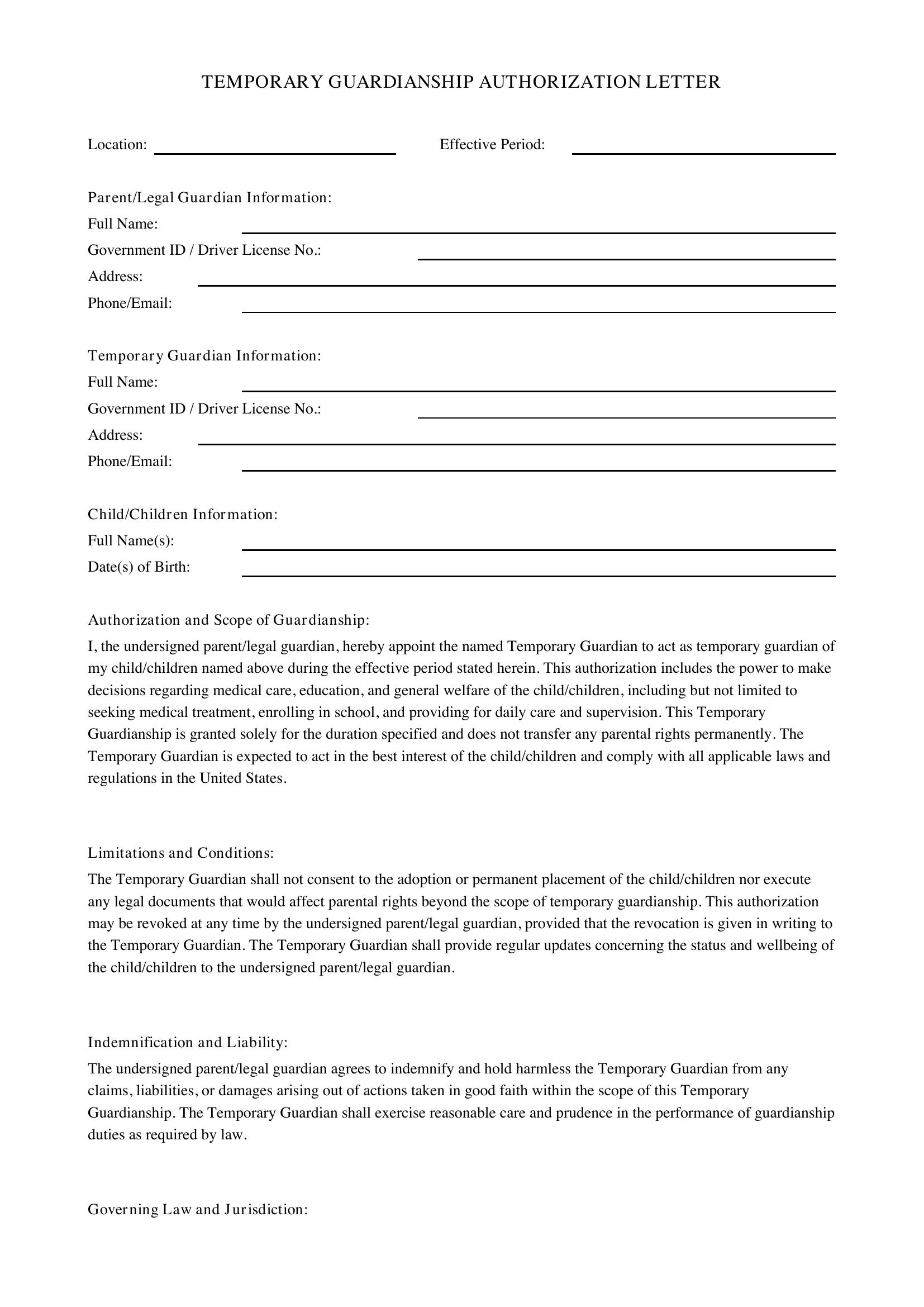 Temporary Guardianship Letter Template - US